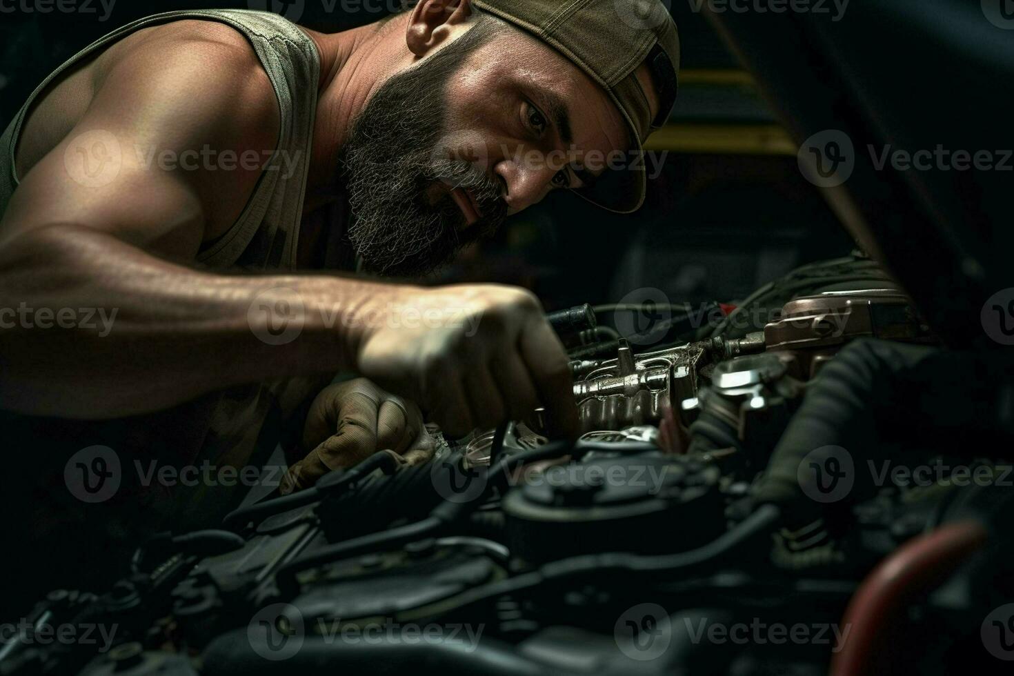 professioneel monteur werken in auto reparatie winkel. knap jong Kaukasisch Mens in uniform repareren een auto. ai gegenereerd pro foto