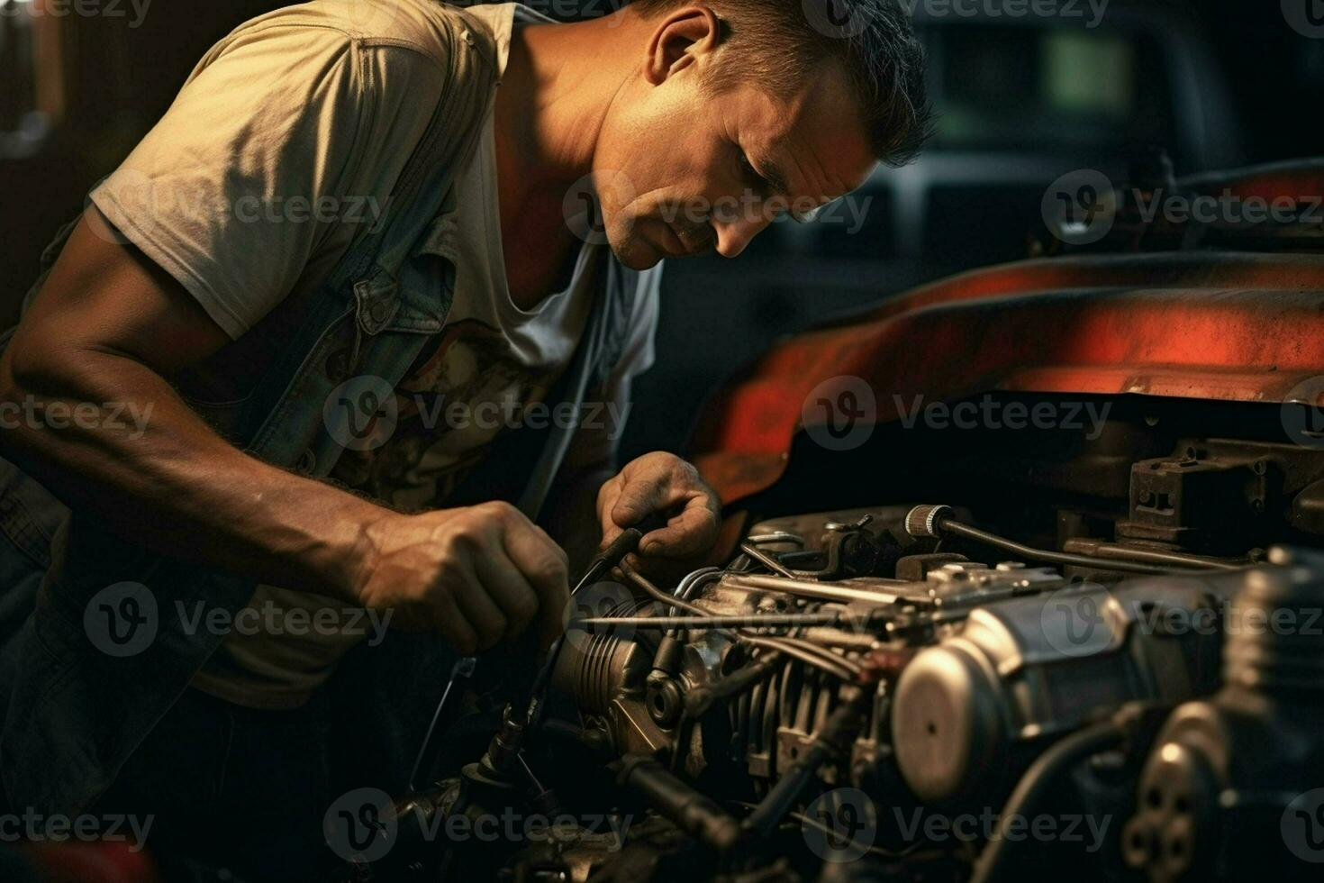 professioneel monteur werken in auto reparatie winkel. knap jong Kaukasisch Mens in uniform repareren een auto. ai gegenereerd pro foto