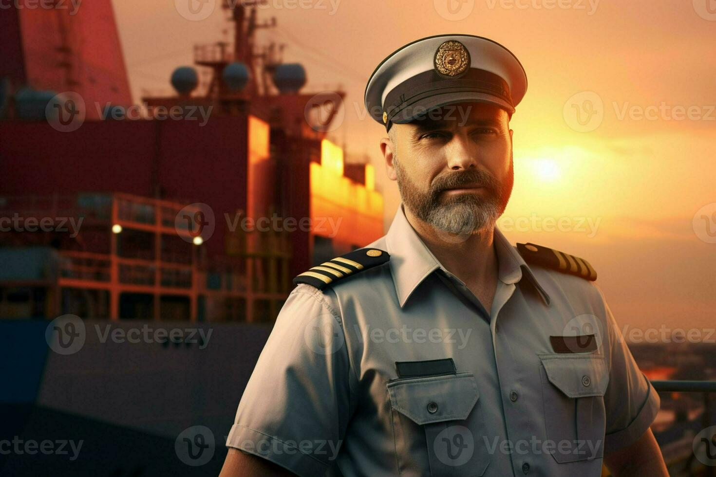 portret van zelfverzekerd mannetje piloot staand met handen Aan heupen en op zoek Bij camera terwijl staand tegen lading schip Bij zonsondergang. ai gegenereerd pro foto