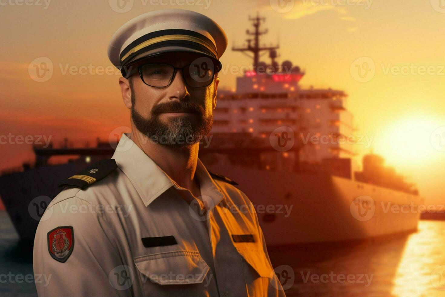 portret van zelfverzekerd mannetje piloot staand met handen Aan heupen en op zoek Bij camera terwijl staand tegen lading schip Bij zonsondergang. ai gegenereerd pro foto