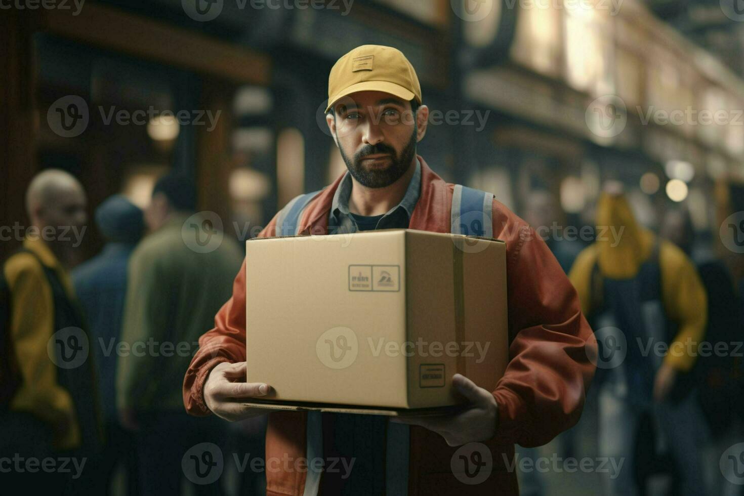 portret van een mannetje arbeider Holding een doos in een magazijn. levering onderhoud concept. ai gegenereerd pro foto