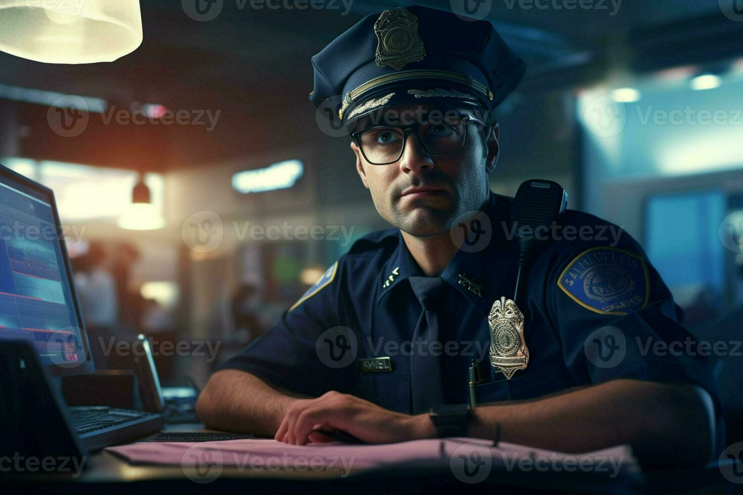 portret van mannetje Politie officier zittend Bij werkplek. ai gegenereerd pro foto