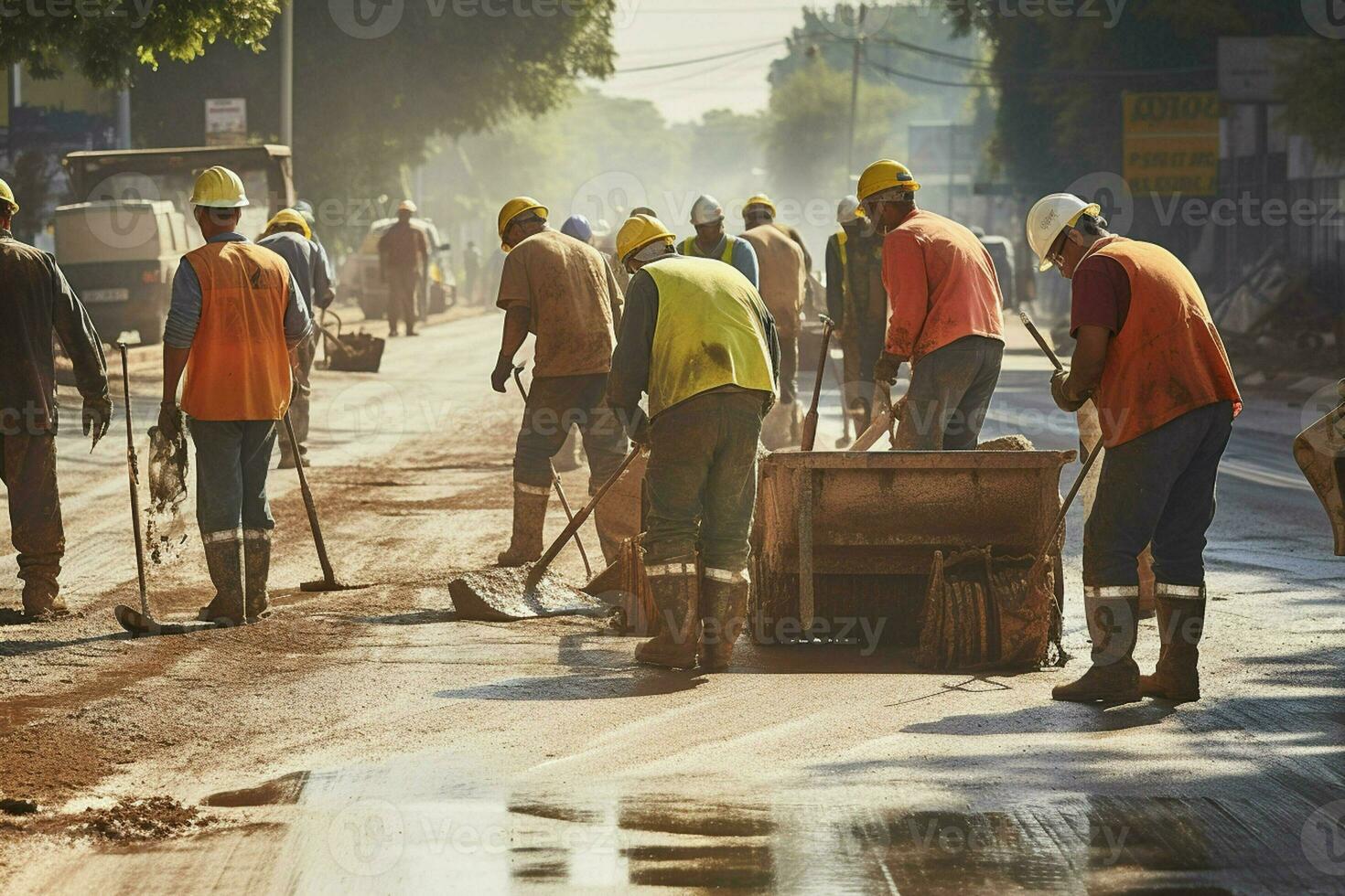 detailopname van bouw apparatuur. arbeiders Bij de weg bouw plaats houdende asfalt Aan een nieuw weg. ai gegenereerd pro foto