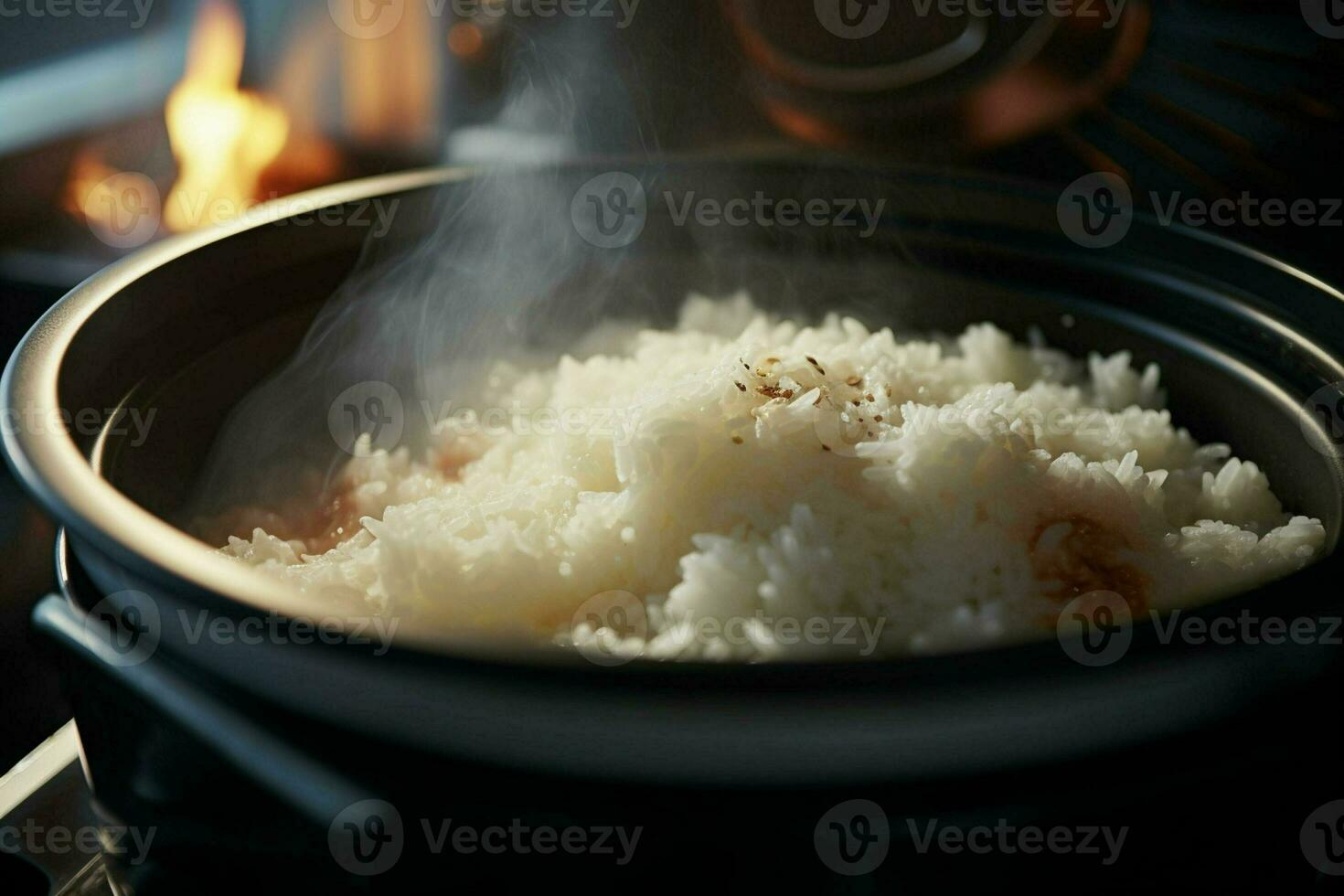 Koken rijst- in heet pot met stoom- Aan fornuis, detailopname. ai gegenereerd pro foto