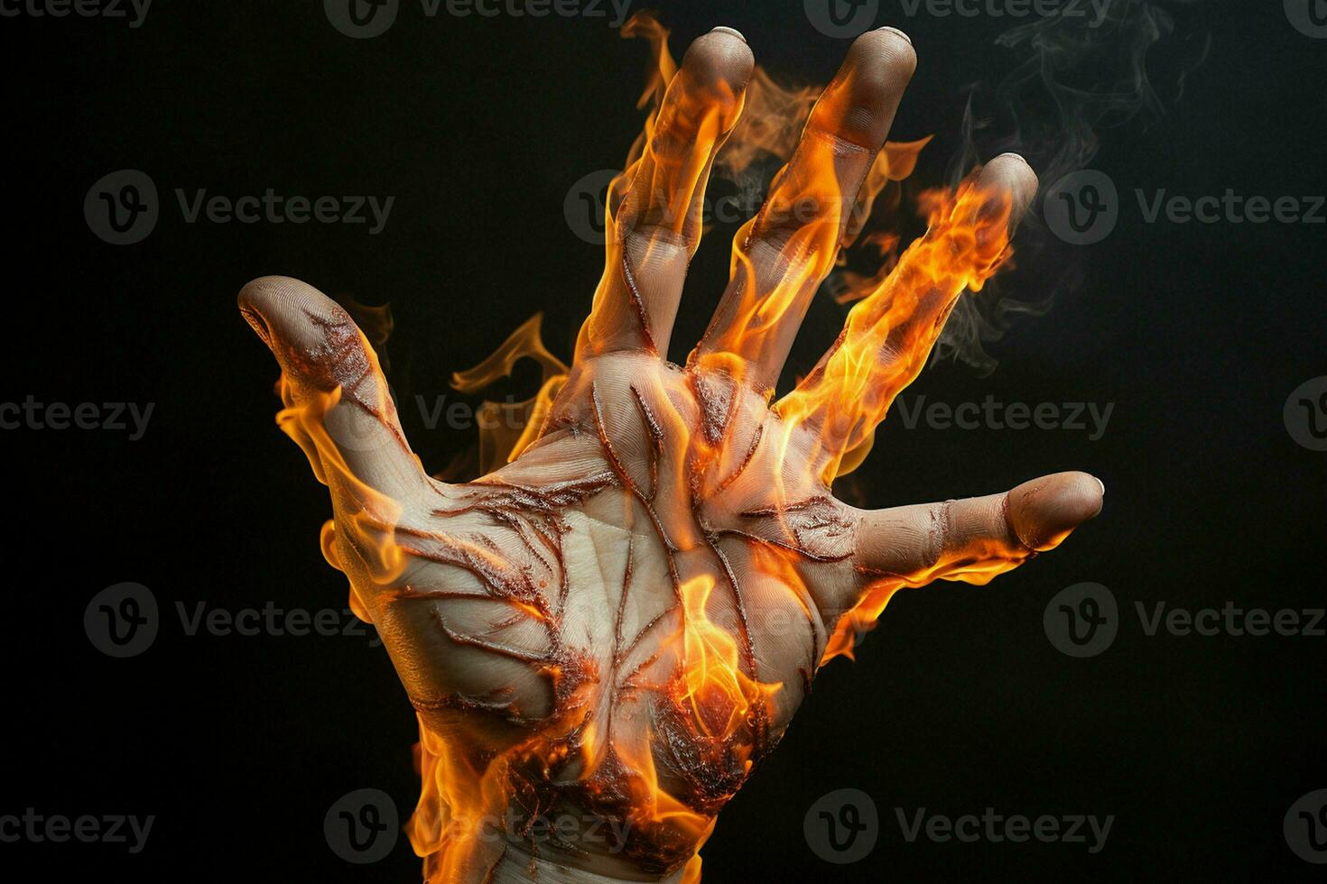 hand- met brand Aan een zwart achtergrond. detailopname van menselijk hand. ai gegenereerd pro foto