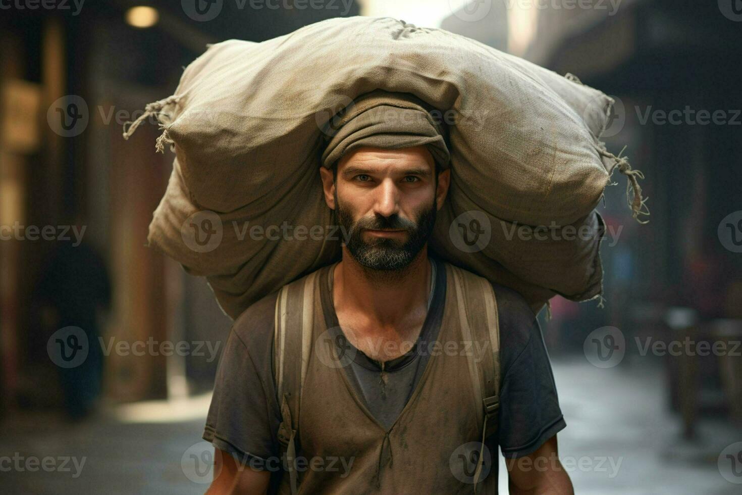 portret van een jong dag arbeider draag- een zwaar zak Aan zijn hoofd. ai gegenereerd pro foto