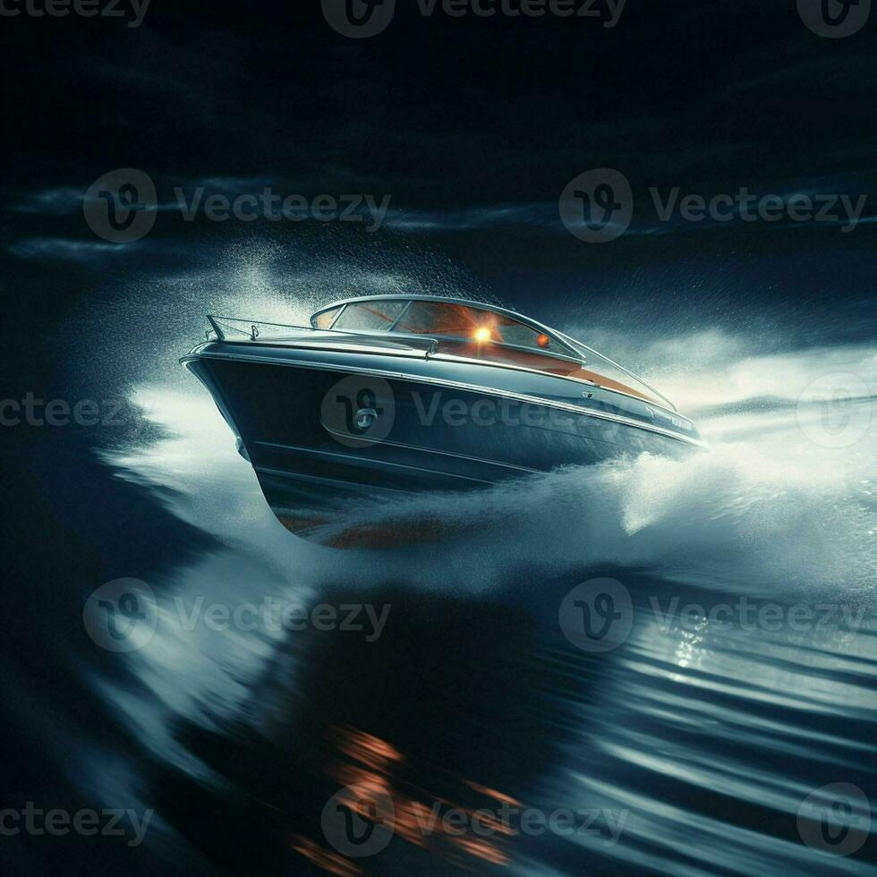 luxe jacht in de zee Aan een donker achtergrond, speedboot Aan de water met beweging vervagen effect, extreem sport. ai gegenereerd pro foto