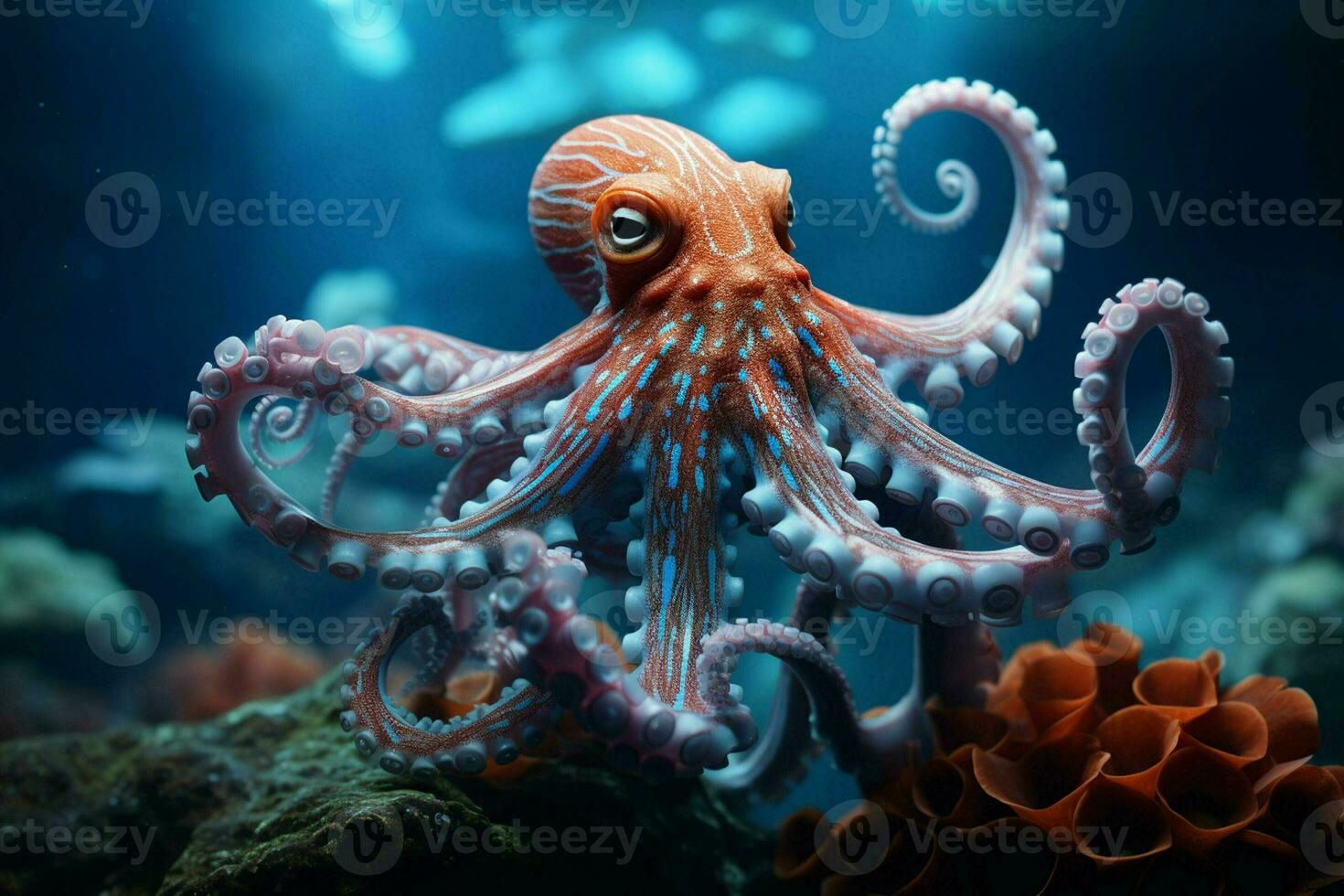 neon kleur Octopus Aan de bodem van de zee. ai gegenereerd pro foto