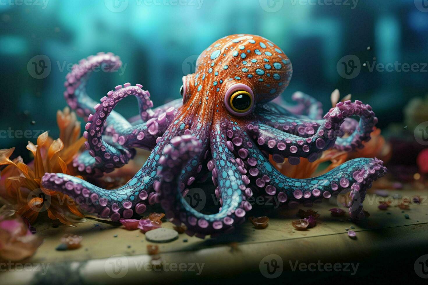 neon kleur Octopus Aan de bodem van de zee. ai gegenereerd pro foto