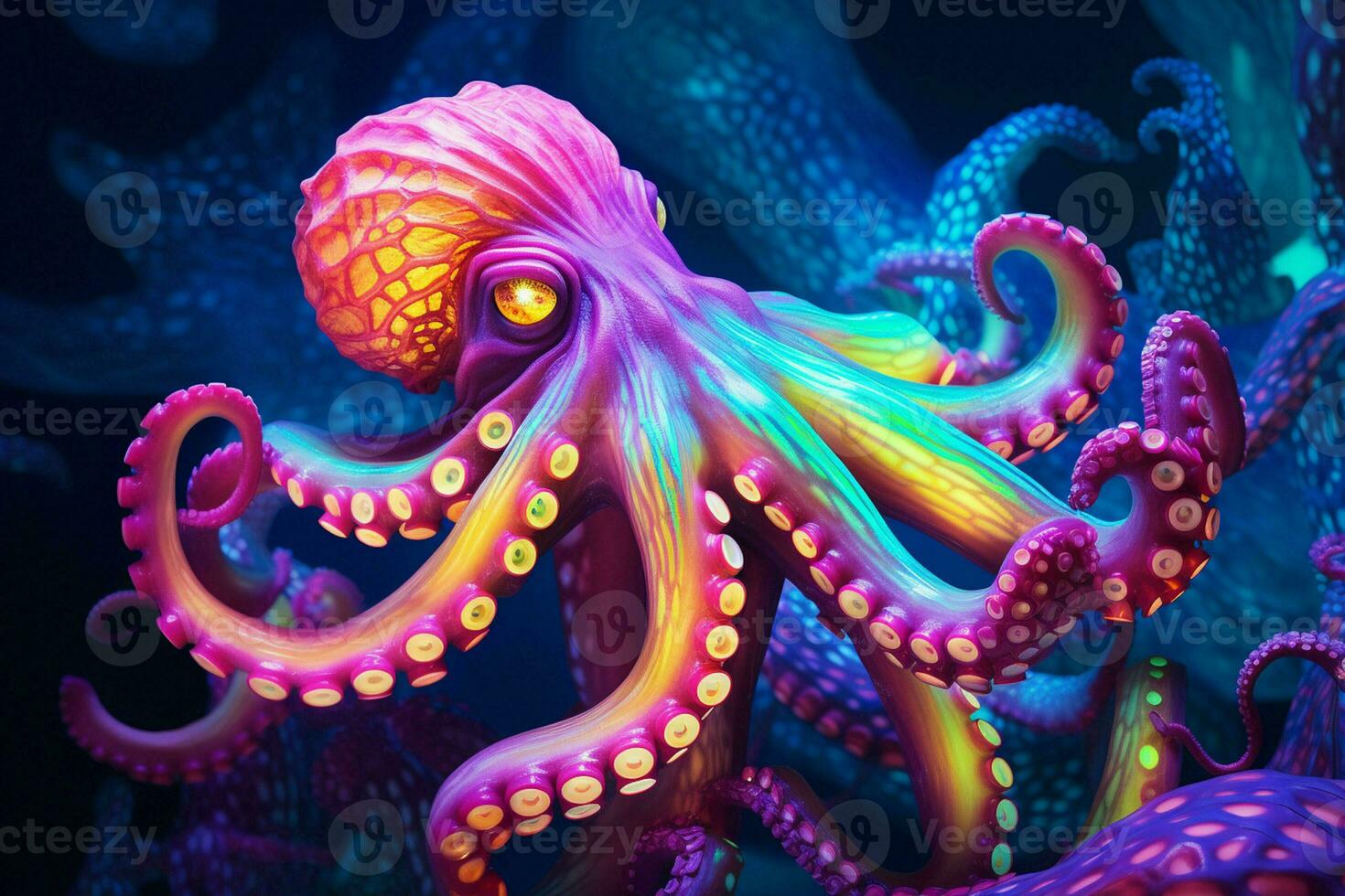 neon kleur Octopus Aan de bodem van de zee. ai gegenereerd pro foto