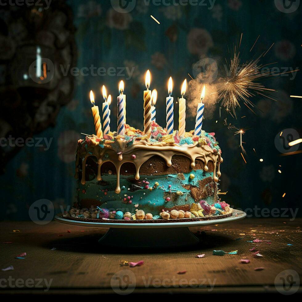 verjaardag taart met brandend kaarsen Aan houten achtergrond. ai gegenereerd foto