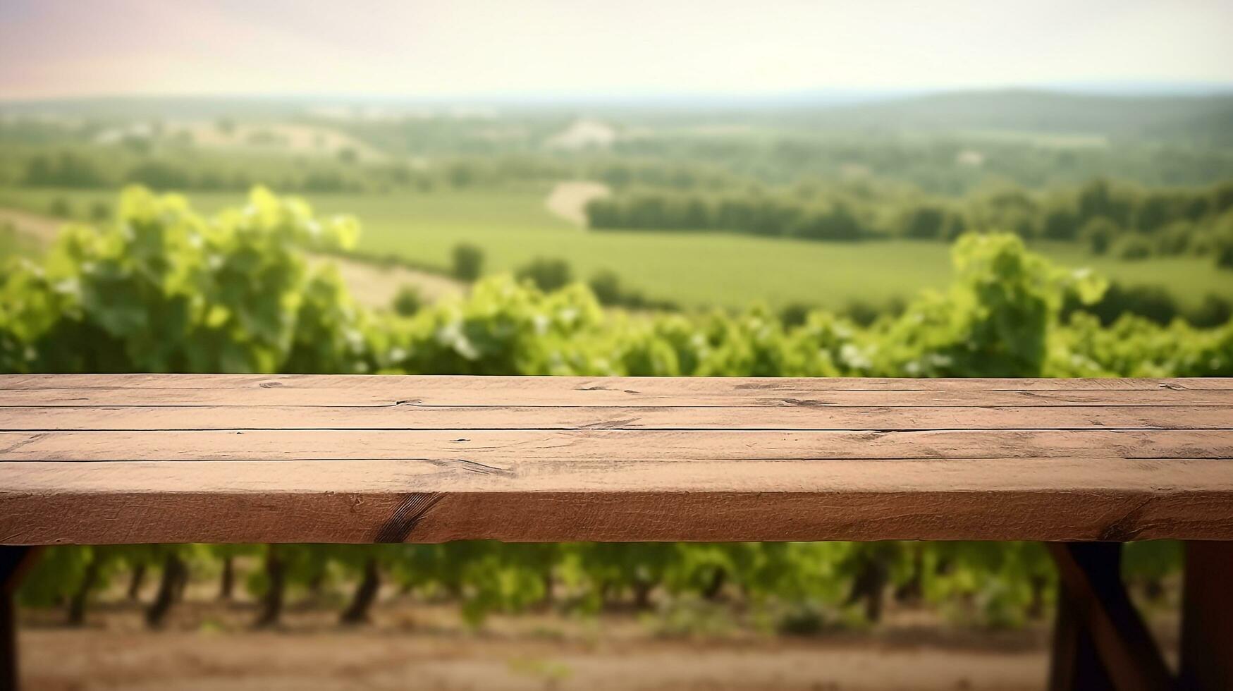 leeg houten tafel voor Product Scherm, bekroond Product Scherm, Frans tuin wazig in de achtergrond.generatief ai. foto