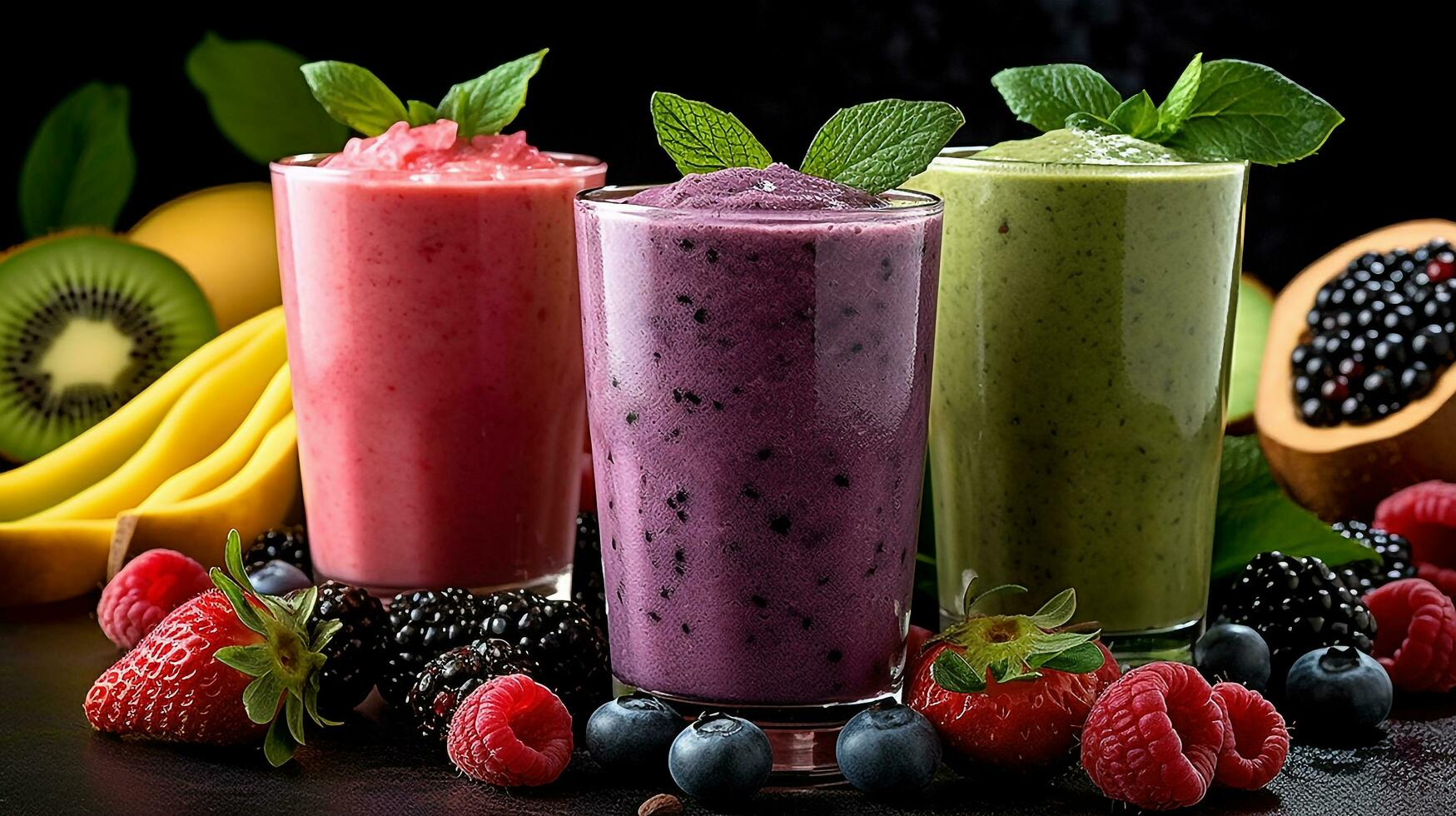 reeks van fruit smoothies, gezond fruit en groente smoothies.generatief ai. foto