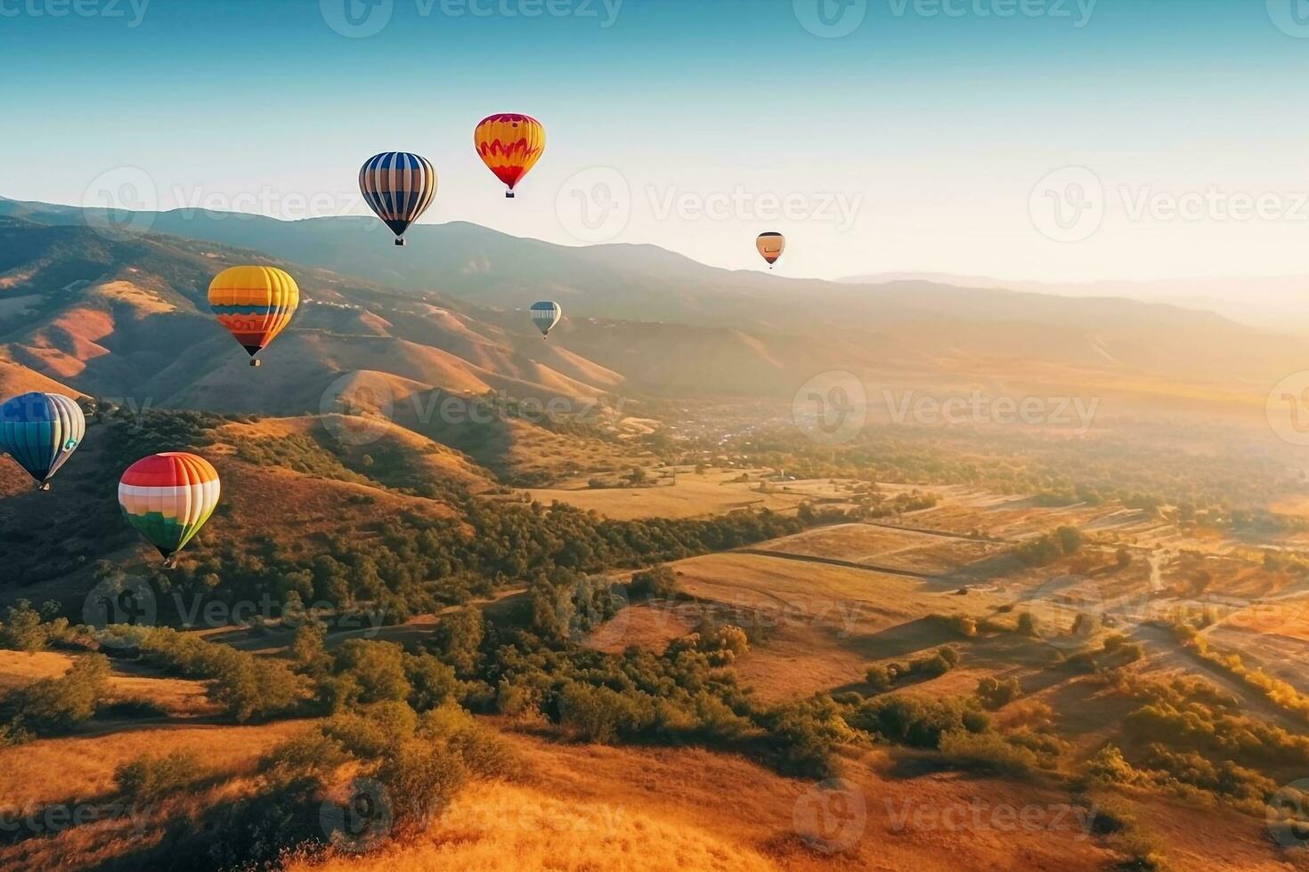 kleurrijk heet lucht ballonnen vlotter over- berg met blauw hemel.generatief ai. foto