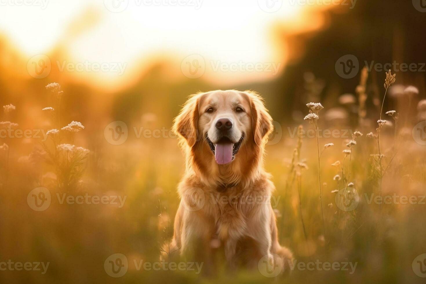 gouden retriever zittend Aan weide met zonsondergang.generatief ai. foto