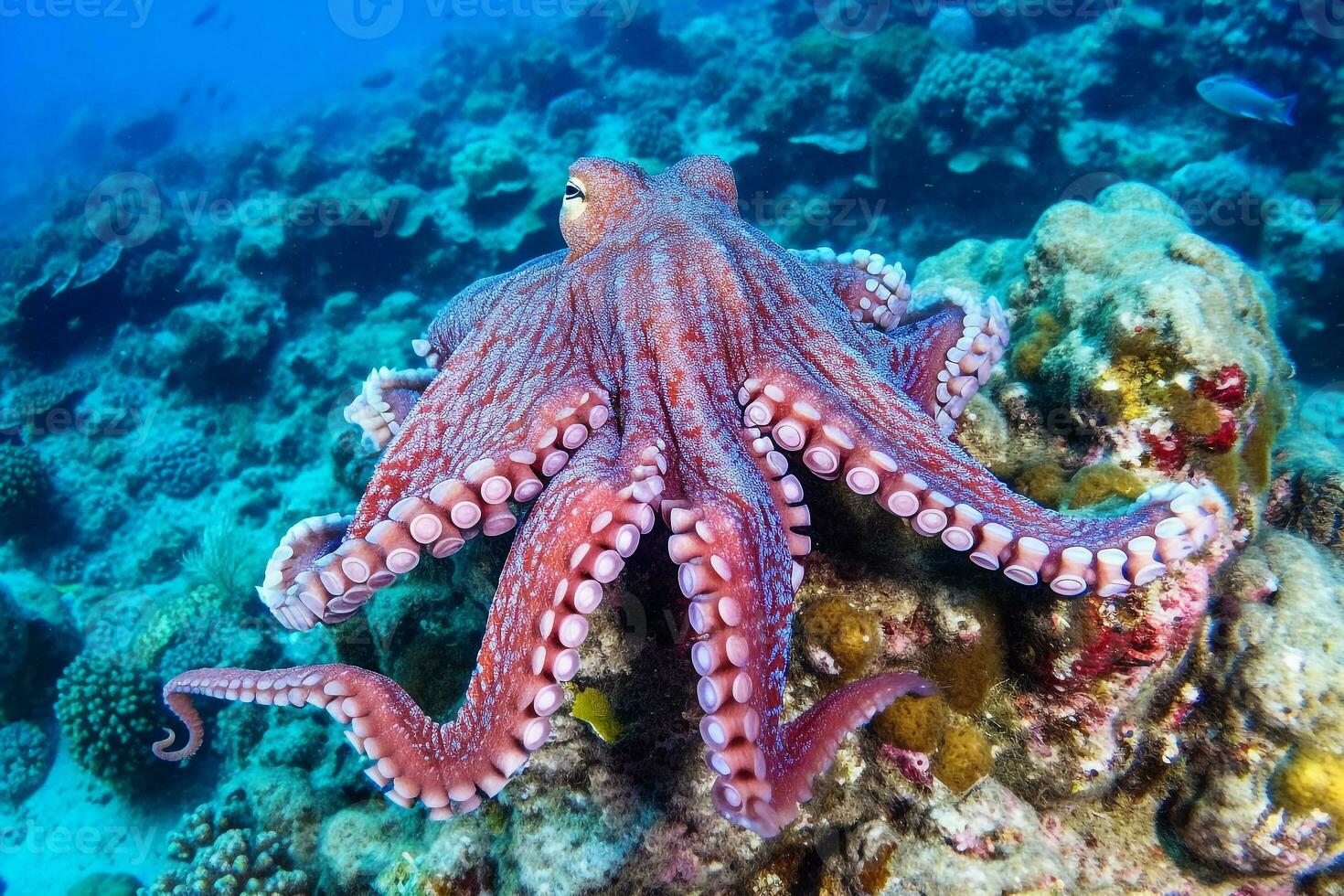 rood Octopus Aan koraal rif in de zee.generatief ai. foto