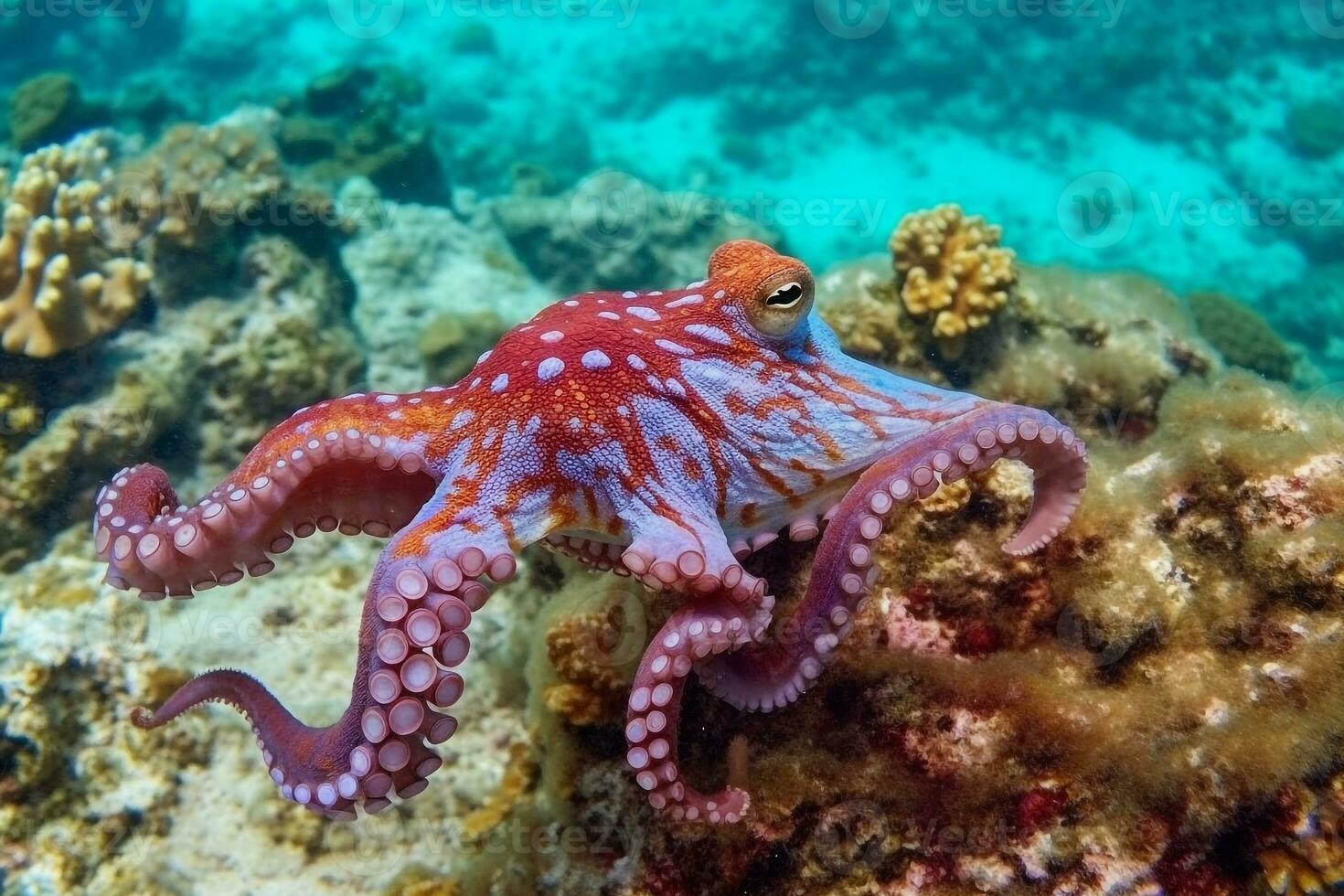 rood Octopus Aan koraal rif in de zee.generatief ai. foto