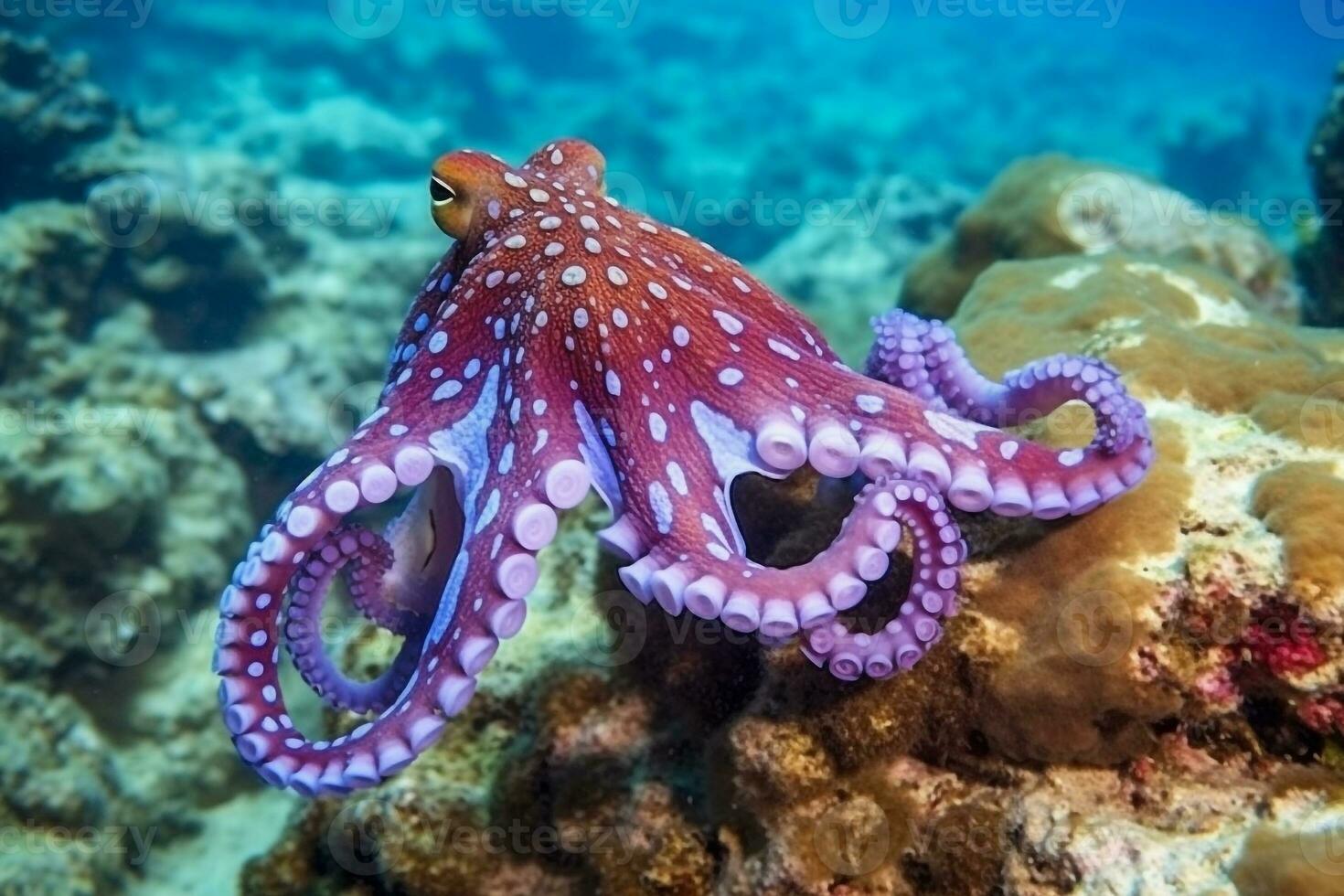 rood Octopus Aan koraal rif in de zee.generatief ai. foto
