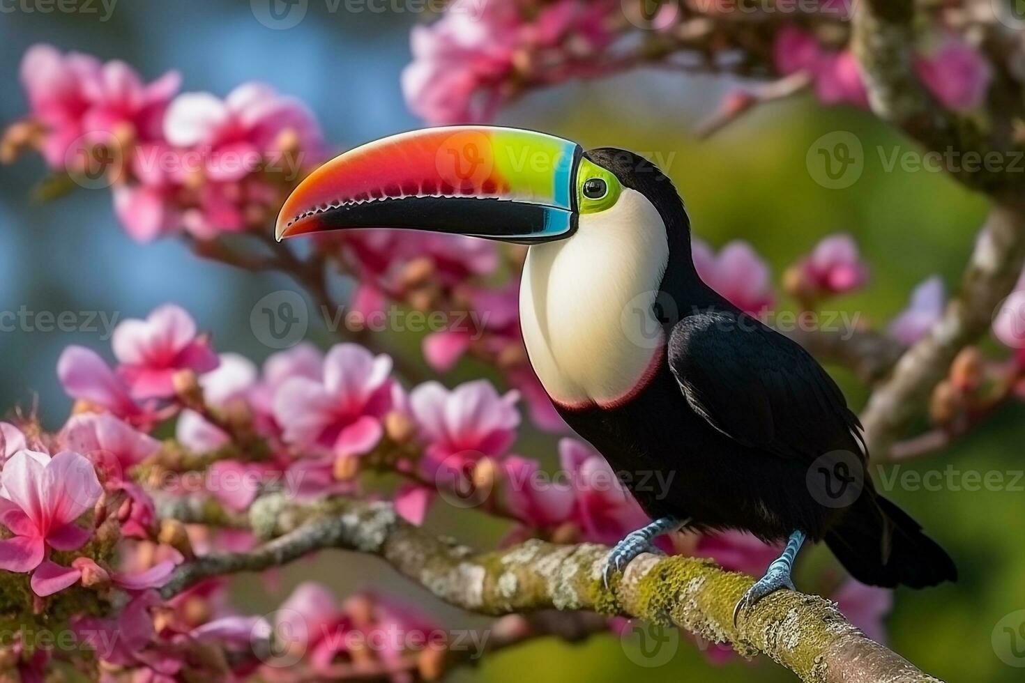 toekan vogel Aan Afdeling met mooi roze bloem.generatief ai. foto