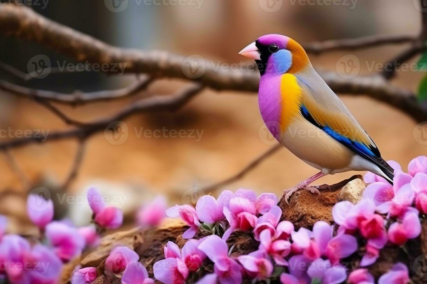 gouldian vink vogel of erythrura gouldiae met roze bloem.generatief ai. foto