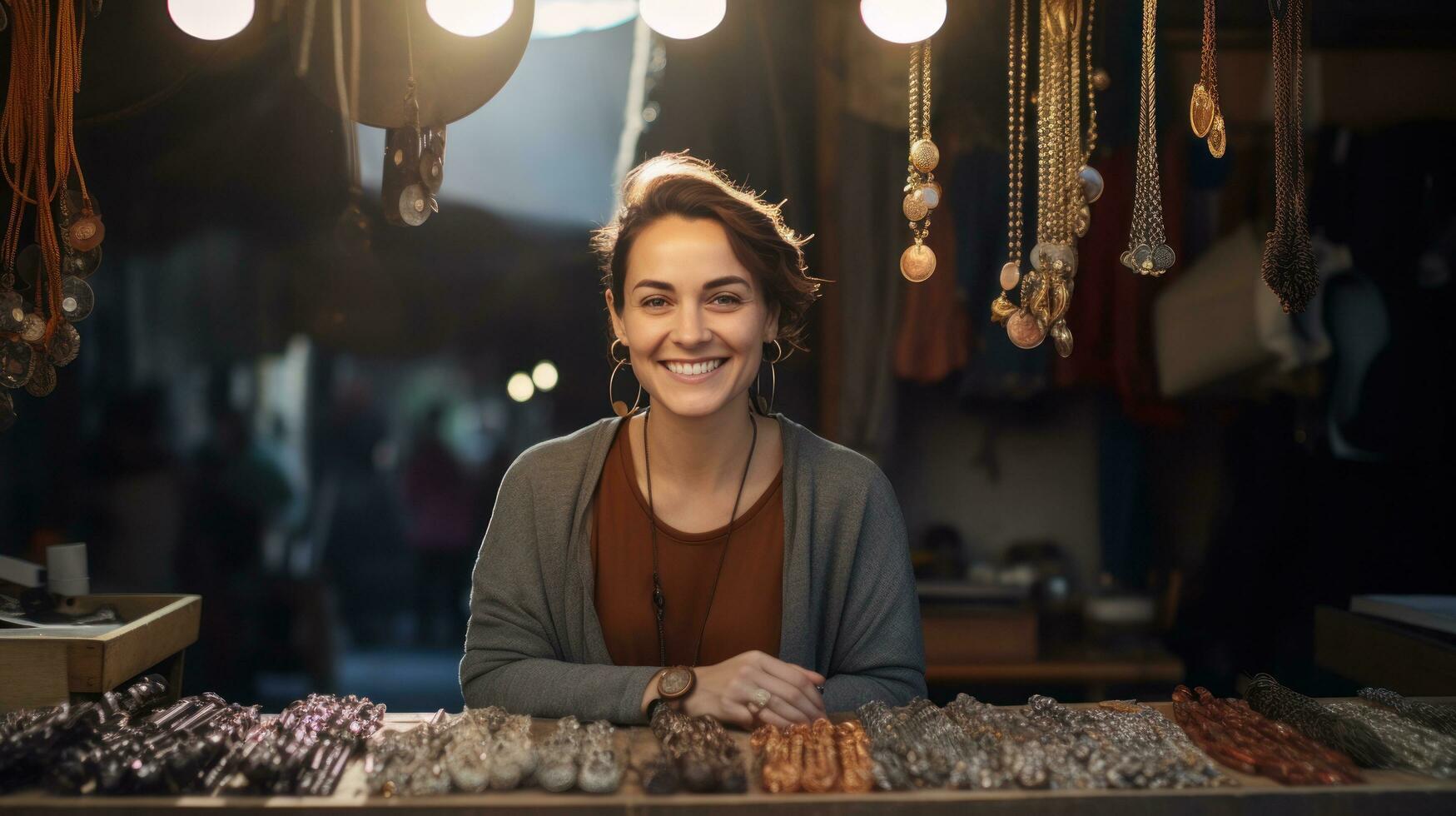 mooi vrouw in sieraden winkel foto