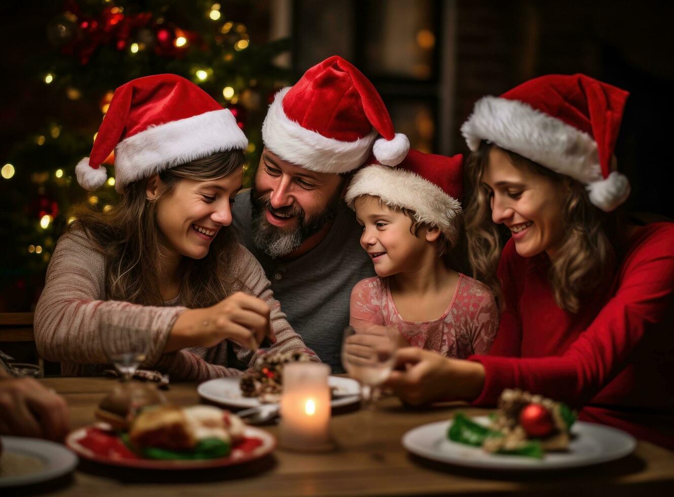 familie met Kerstmis hoeden aan het eten foto