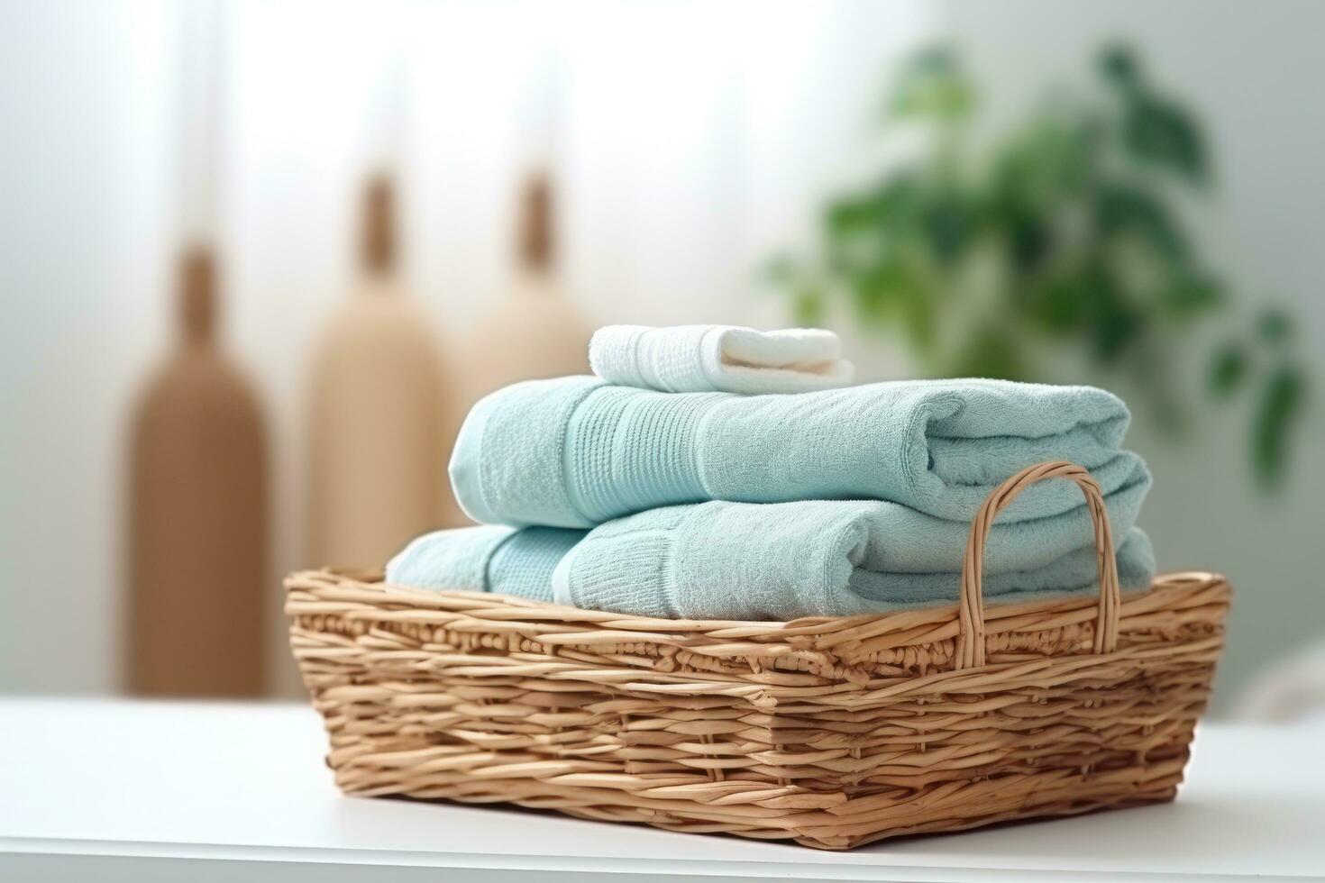 mand van schoon en handdoeken geplaatst in een wasserij kamer foto