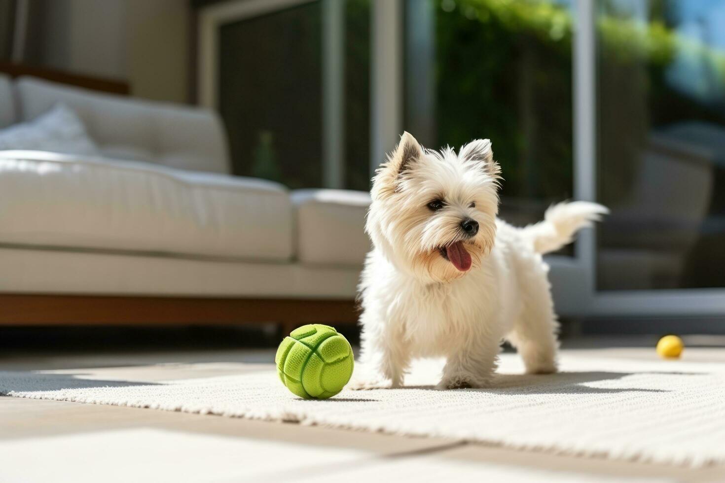 hond nemen uit zijn riem en spelen met groen bal foto