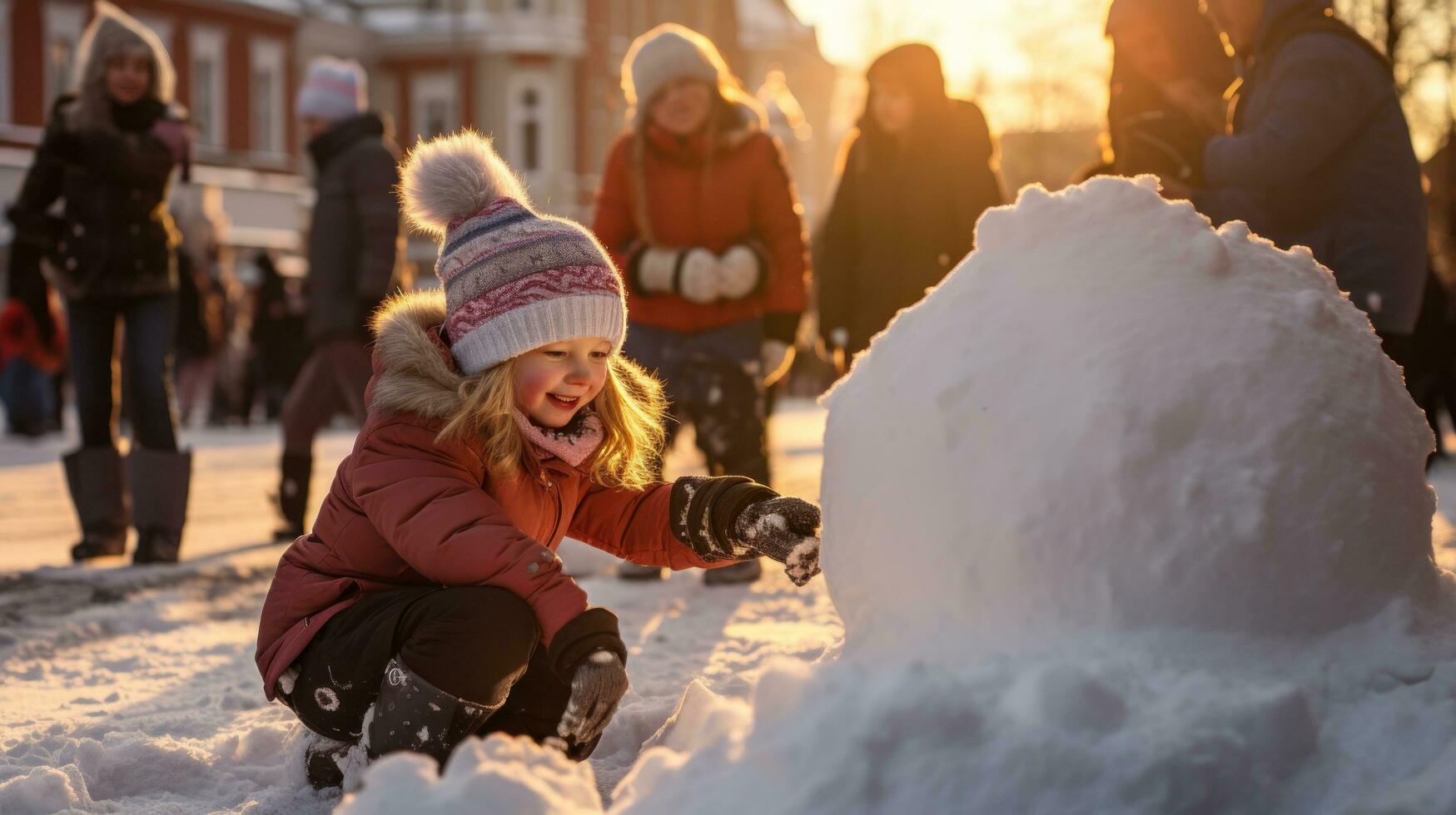 kinderen maken een sneeuwman Aan de plein met een Kerstmis boom foto