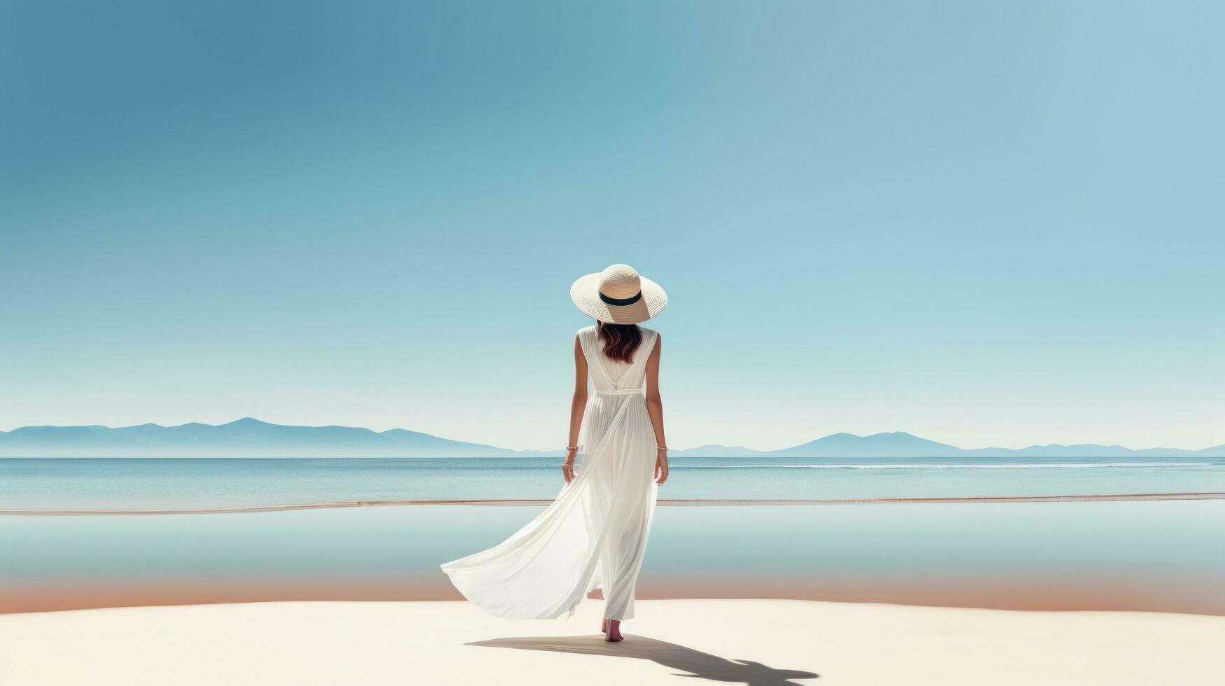 minimalistische kust achtergrond met meisje in mode wit slijtage foto