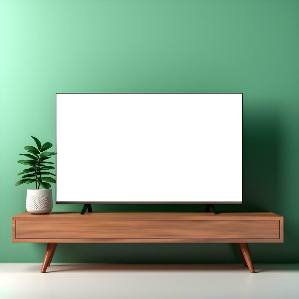 wit TV scherm mockup sjabloon met knus huis meubilair decor, ai gegenereerd foto