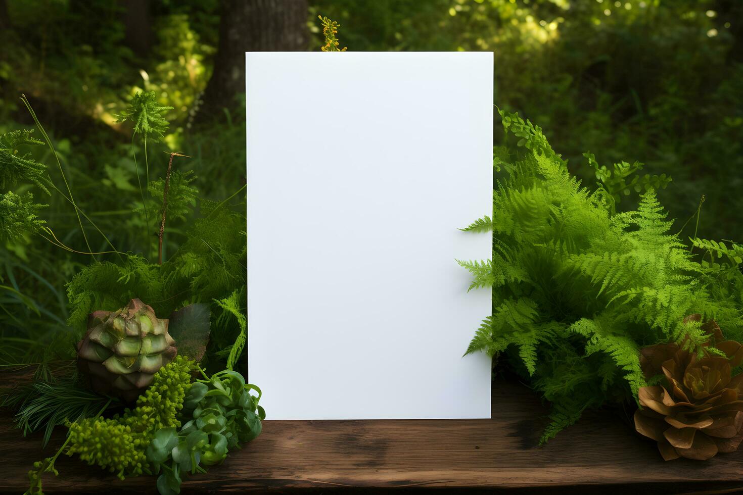 wit duidelijk papier Aan hout met gebladerte achtergrond, voor mockup en sjabloon, ai gegenereerd foto