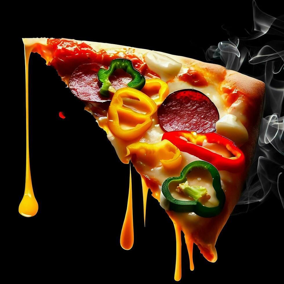 een heet pizza plak met saus Aan het, ai generatief foto