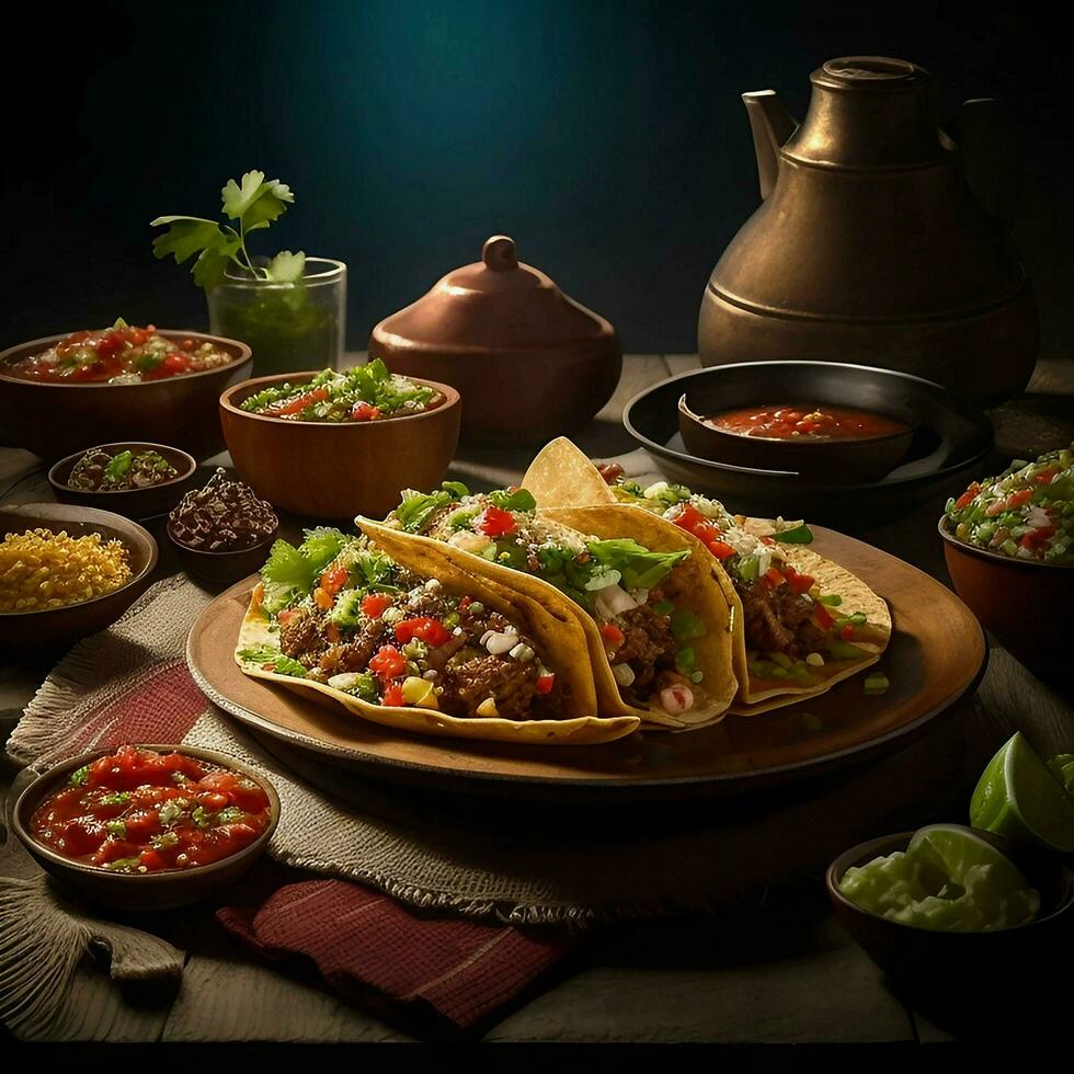 Mexicaans taco's Aan een bord met een kom van Salsa, ai generatief foto