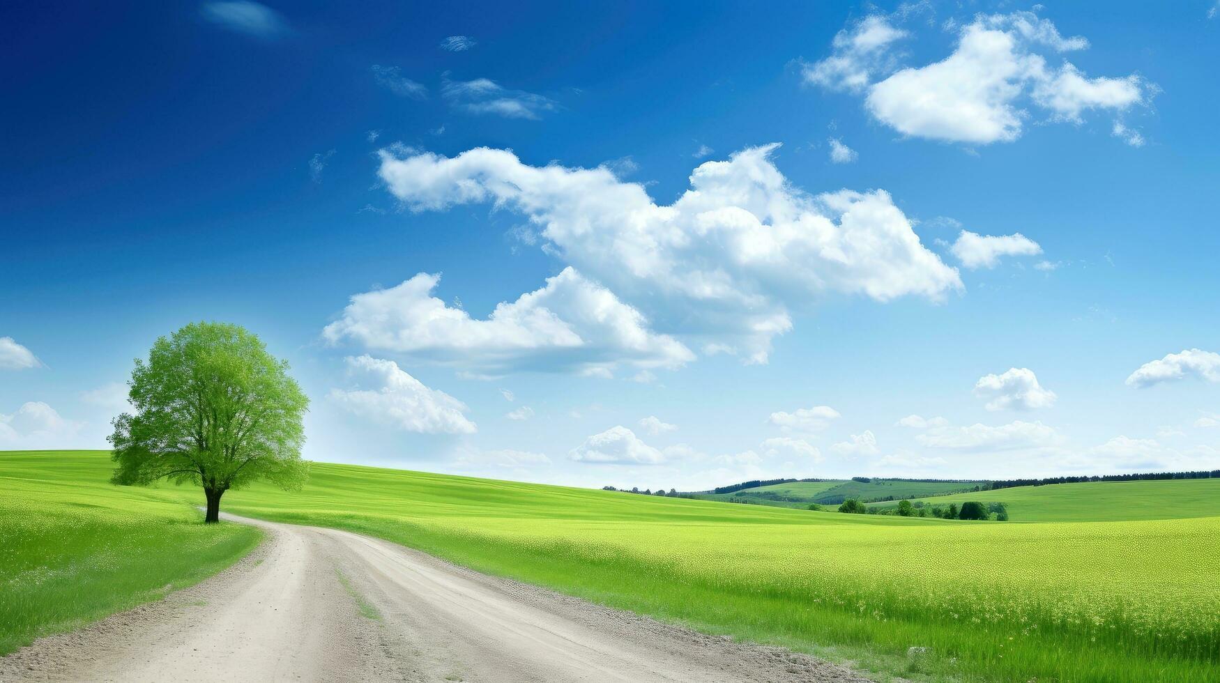 berg weg. landschap met rotsen, zonnig lucht met wolken en mooi asfalt weg in de avond in zomer. snelweg in bergen, generatief ai illustratie foto