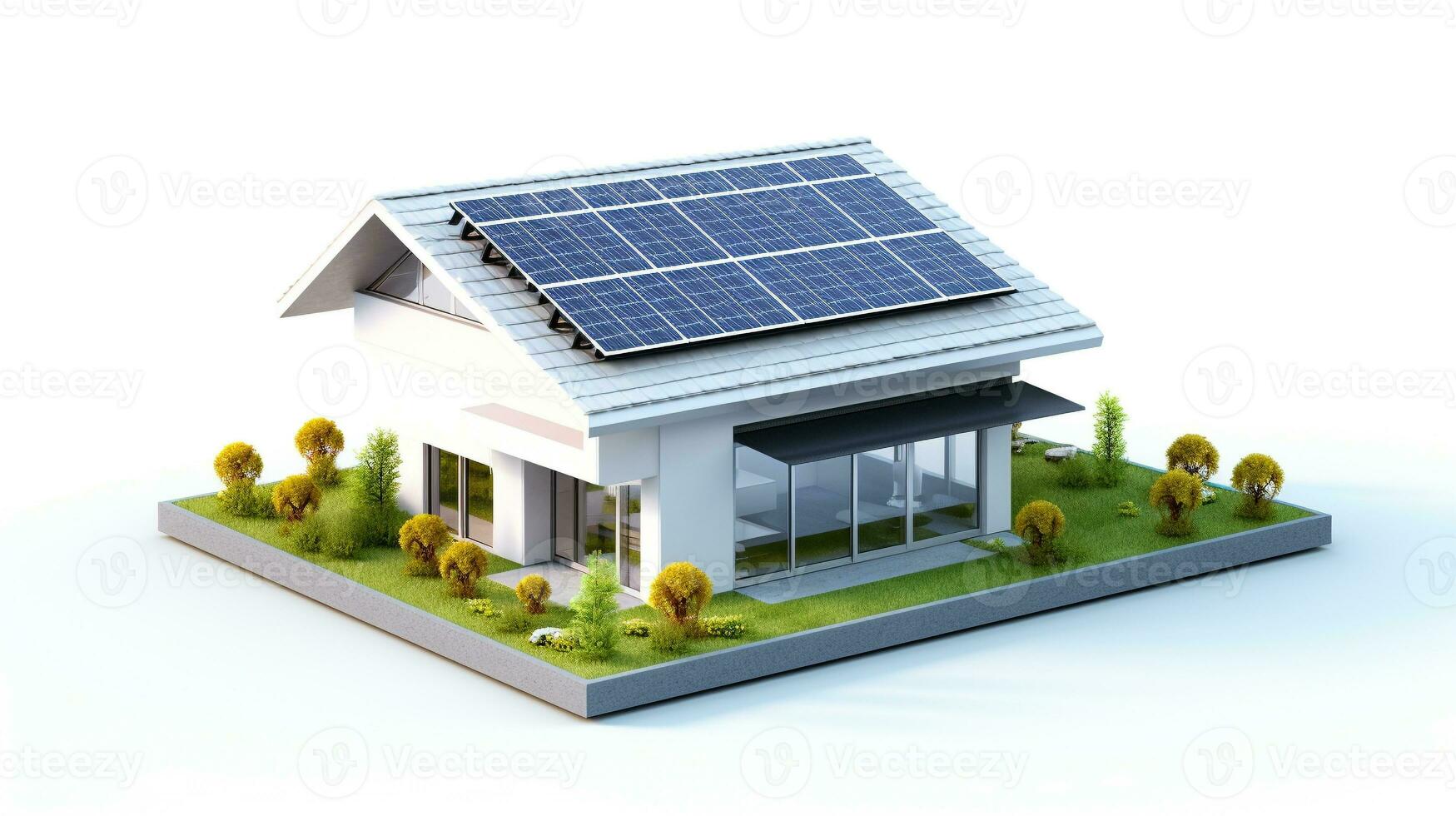 miniatuur huis model- met zonne- paneel Aan dak Aan wit achtergrond. slim huis energie besparing concept. generatief ai foto