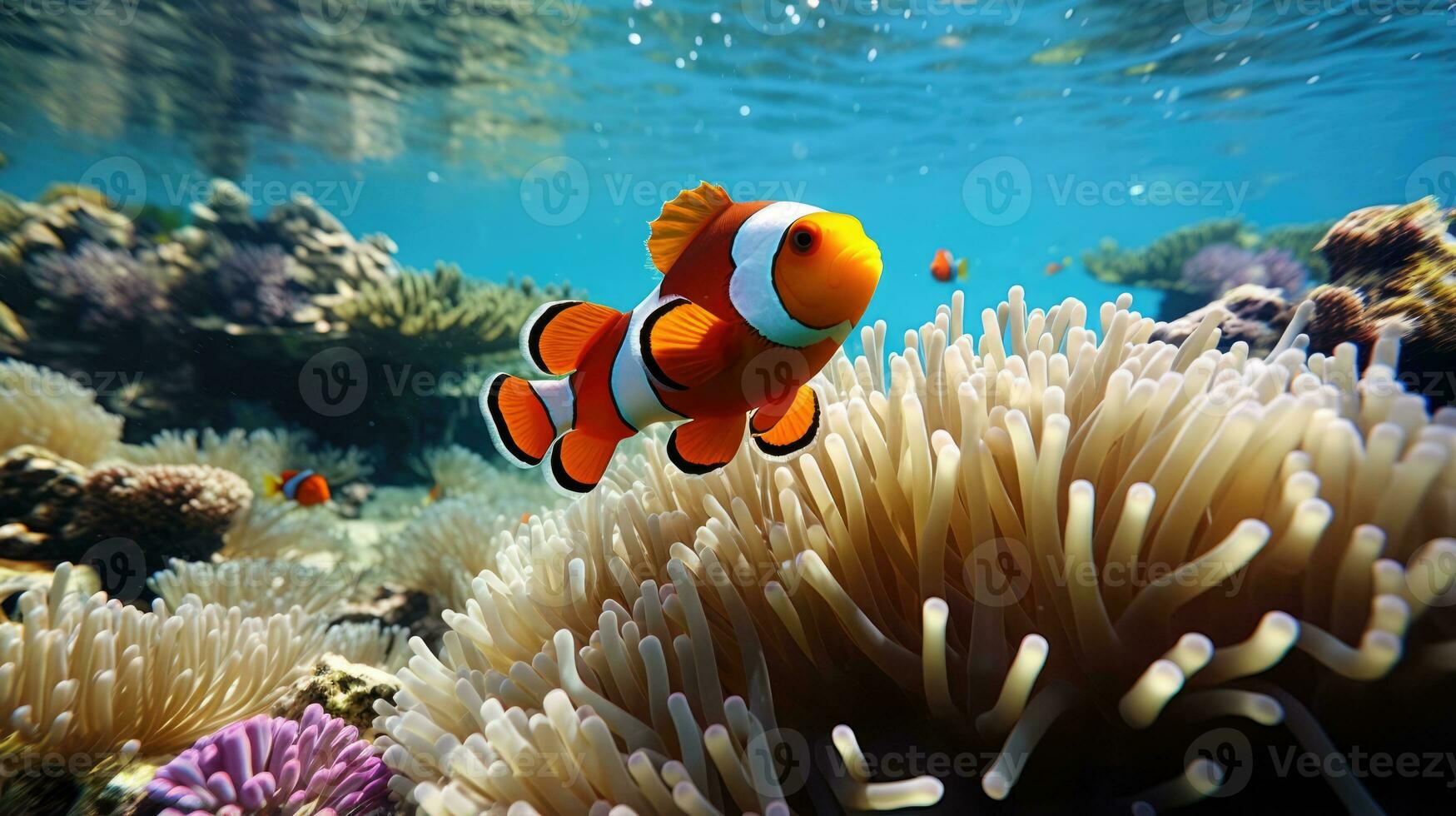 clown vis vermaken te midden van anemonen spleet visie straalt uit met eiland met strand en handpalmen weelderig tropisch verleiden foto