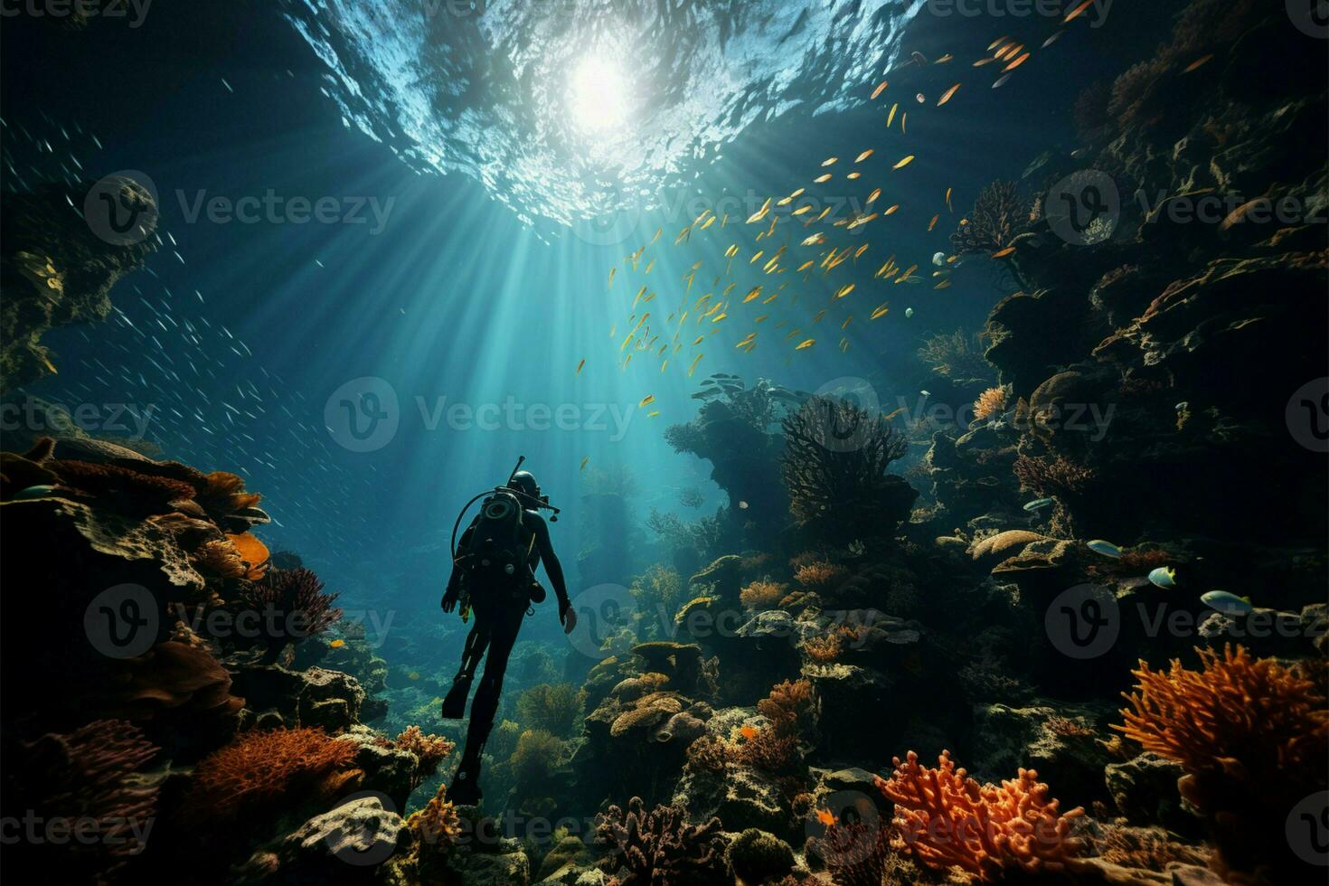 levendig koraal ecosystemen geïllustreerd net zo een duiker onderzoekt de onderwater- wereld ai gegenereerd foto