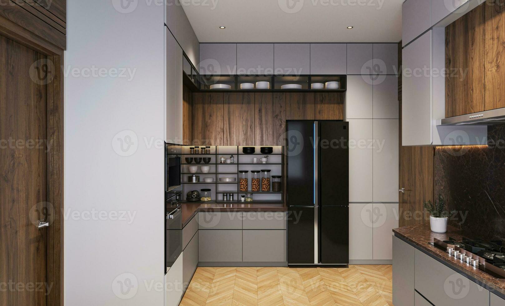 ontwerpen een luxueus keuken met hoogwaardig huishoudelijke apparaten en eindigt 3d geven foto
