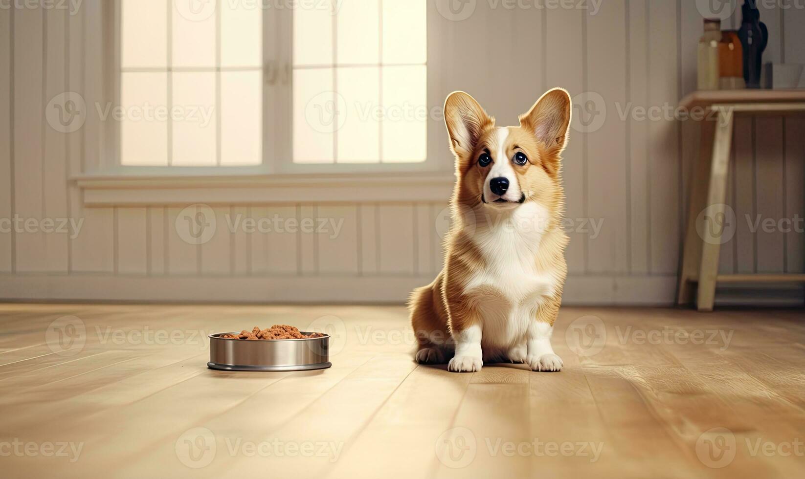 ai generatief. corgi hond gretig wacht maaltijd naast een voedsel schaal. gemaakt met ai gereedschap foto