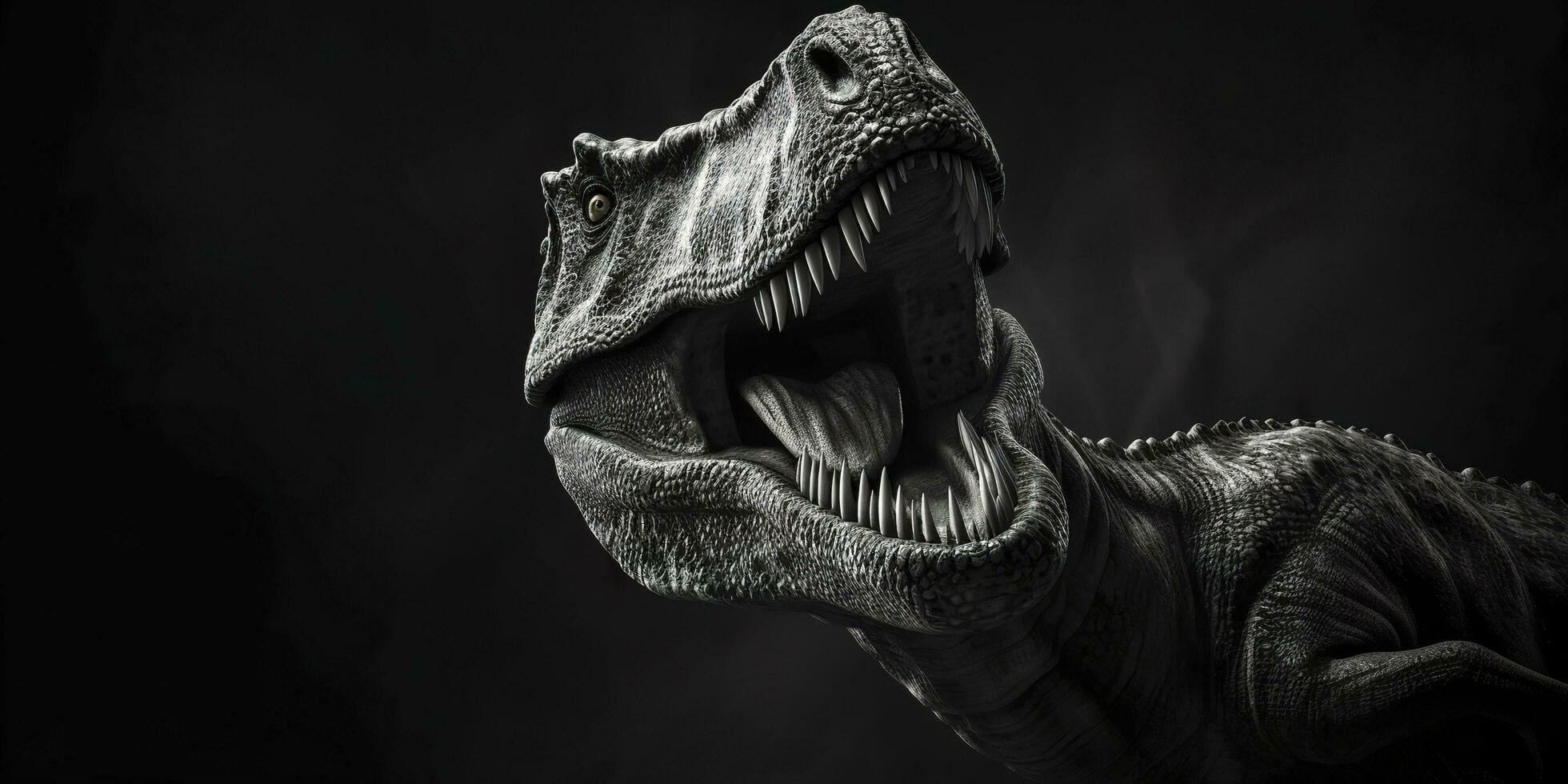 zwart en wit fotorealistisch studio portret van een tyrannosaurus rex Aan zwart achtergrond. generatief ai foto