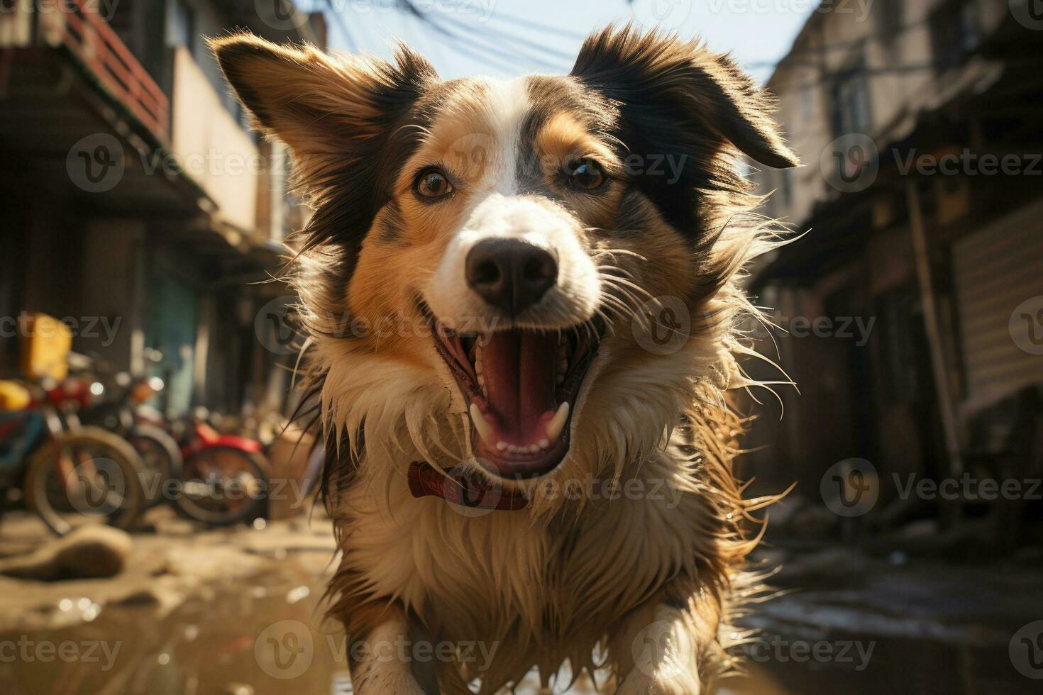 gelukkig hond wandelen Bij straat Bij zomer dag. generatief ai foto