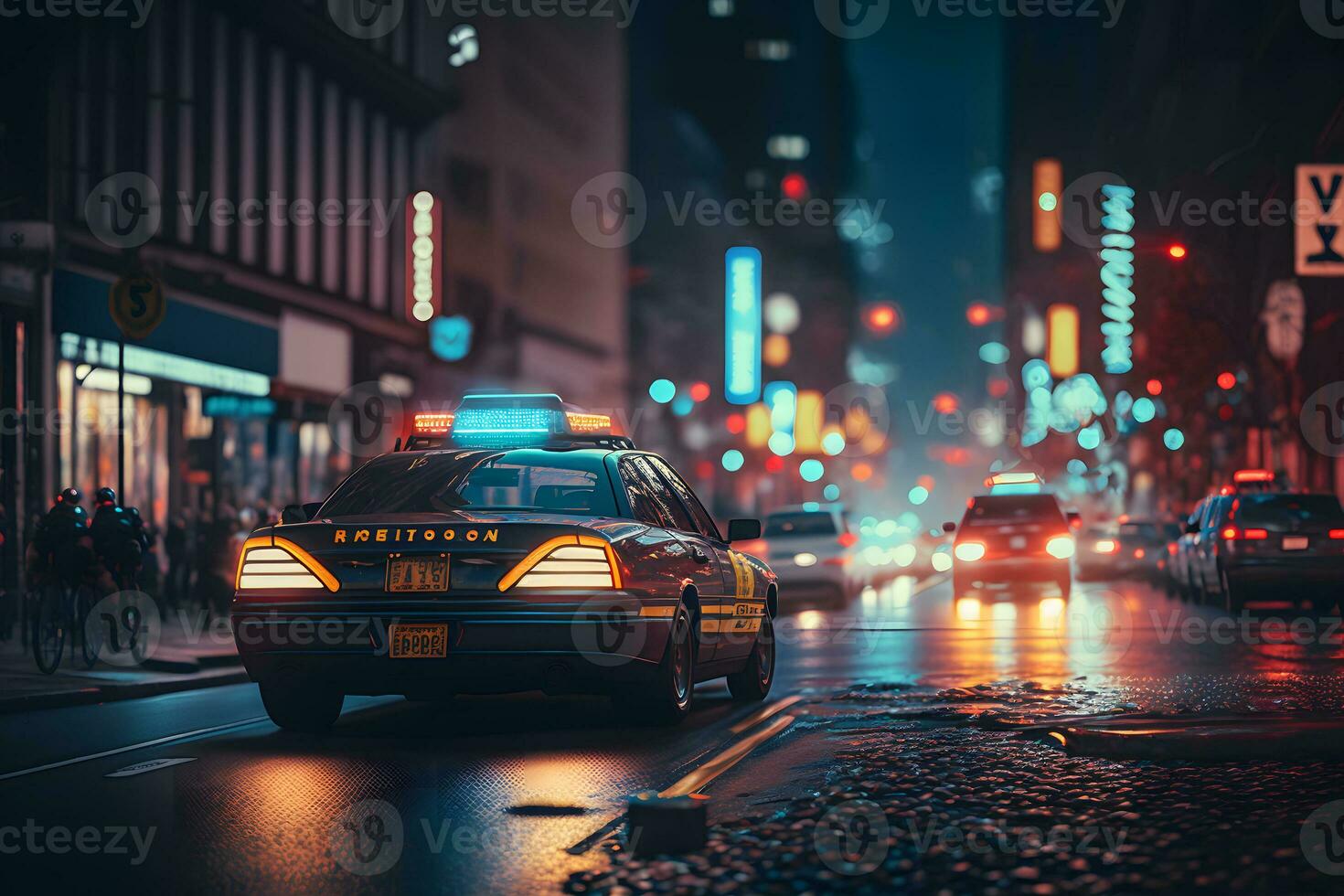 Politie auto in een regenachtig nacht stad. neurale netwerk ai gegenereerd foto