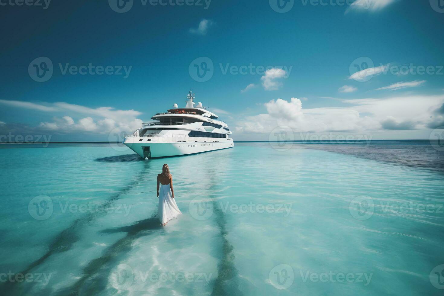 mooi vrouw genieten van luxueus jacht cruise, zee reizen door luxe boot. neurale netwerk ai gegenereerd foto