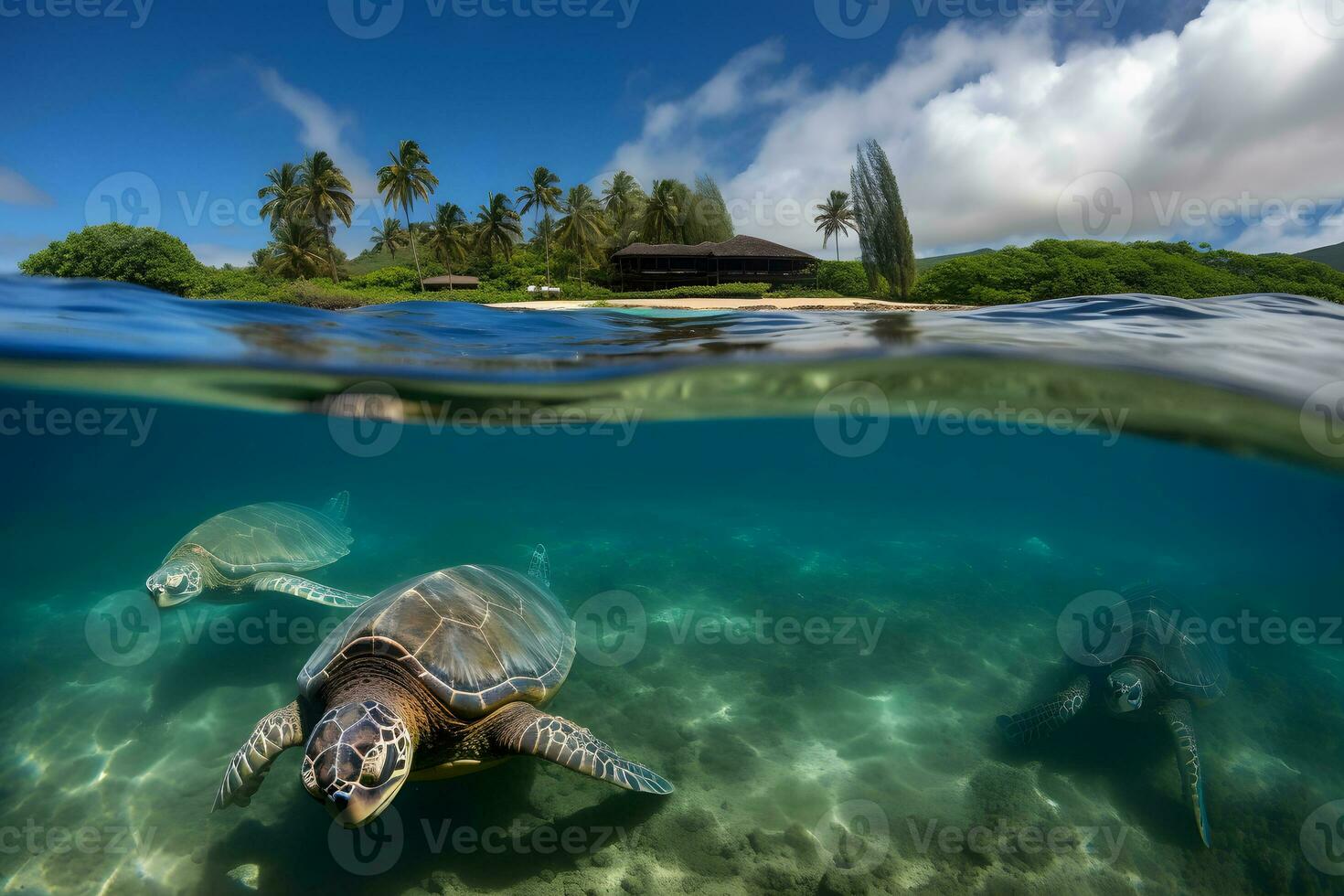 zee schildpad dichtbij omhoog over- koraal rif in Hawaii. neurale netwerk ai gegenereerd foto