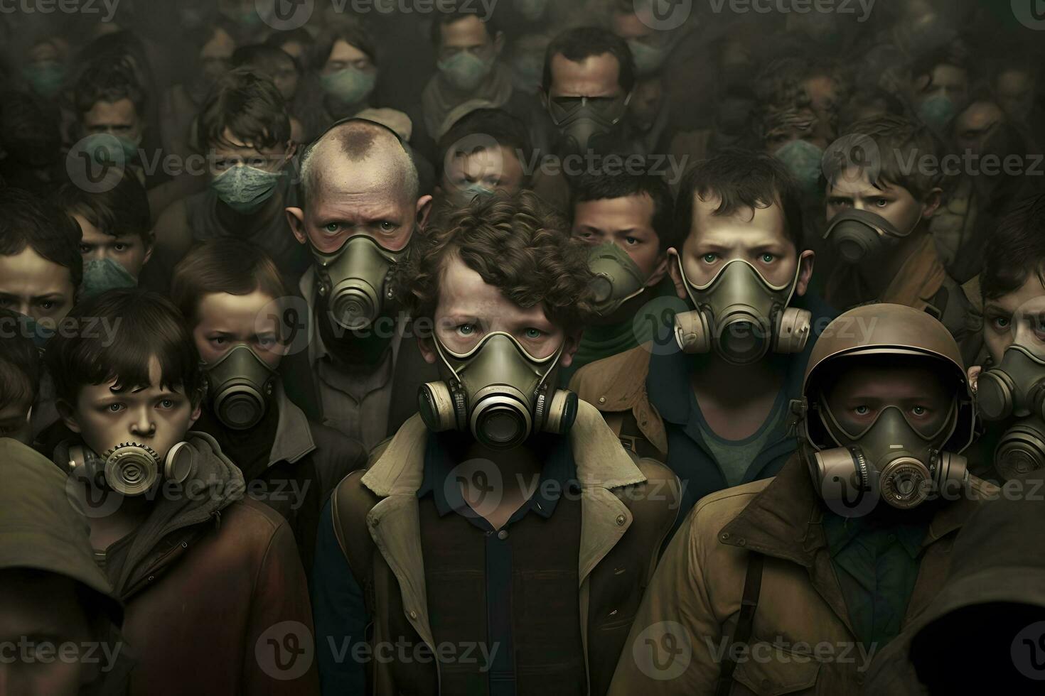 menigte van mensen in uniform en gas- masker. concept van straling en virus, milieu vervuiling. neurale netwerk ai gegenereerd foto