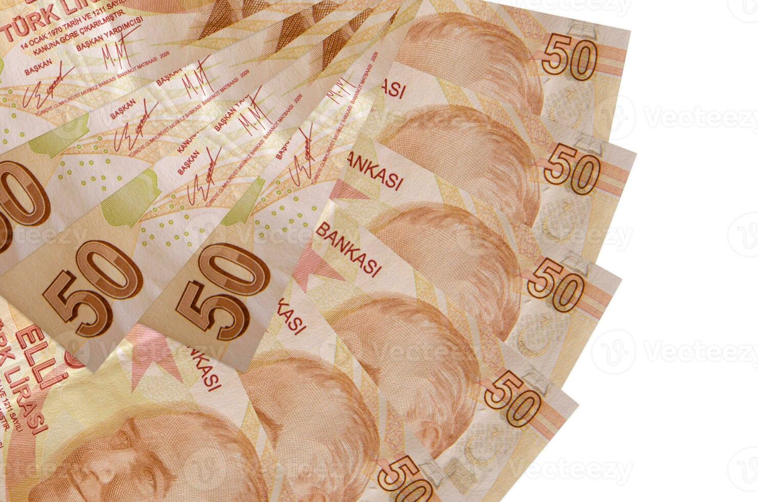 50 Turks lira's rekeningen leugens geïsoleerd Aan wit achtergrond met kopiëren ruimte gestapeld in ventilator vorm dichtbij omhoog foto