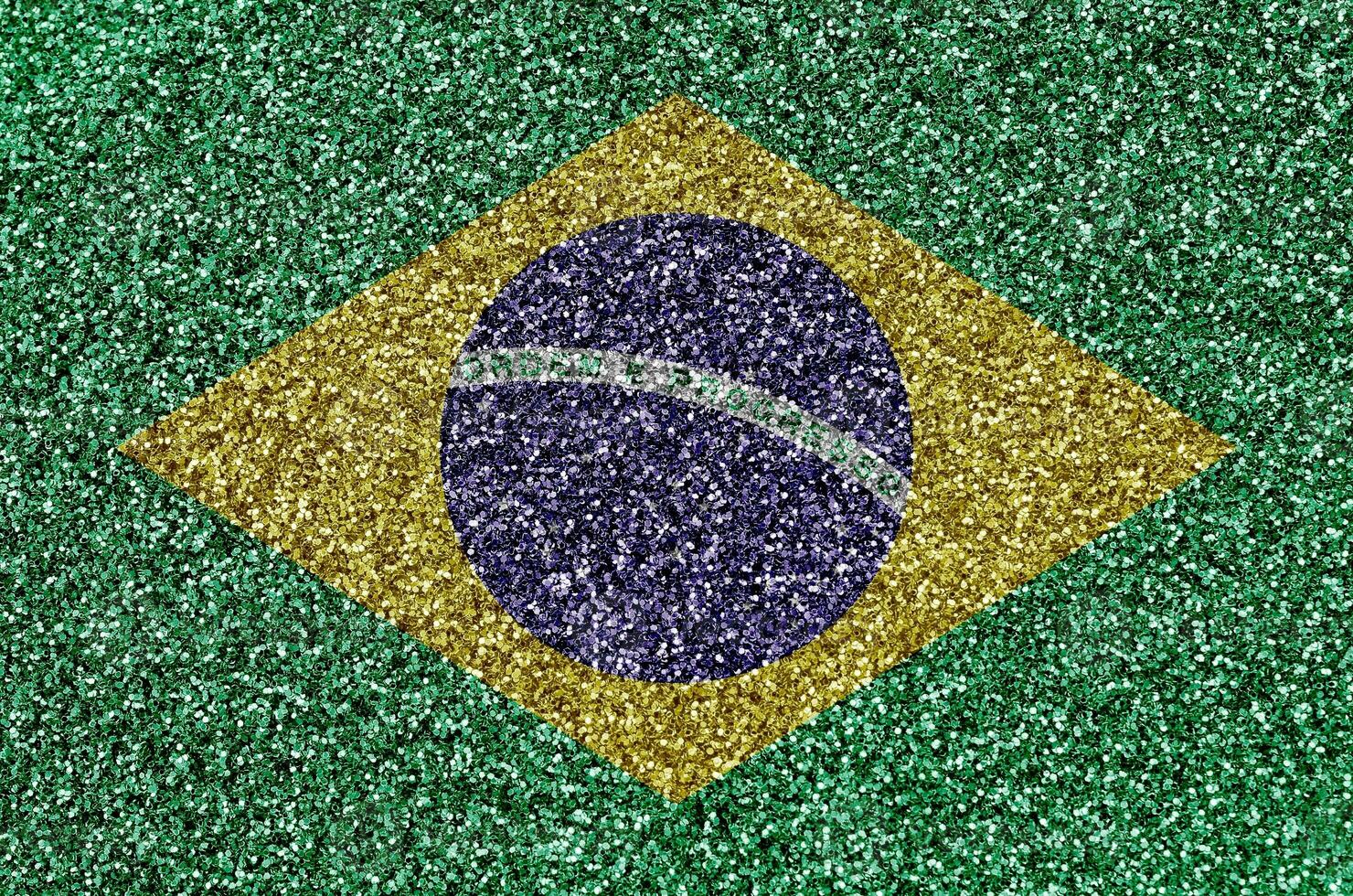 Brazilië vlag afgebeeld Aan veel klein glimmend pailletten. kleurrijk festival achtergrond voor partij foto