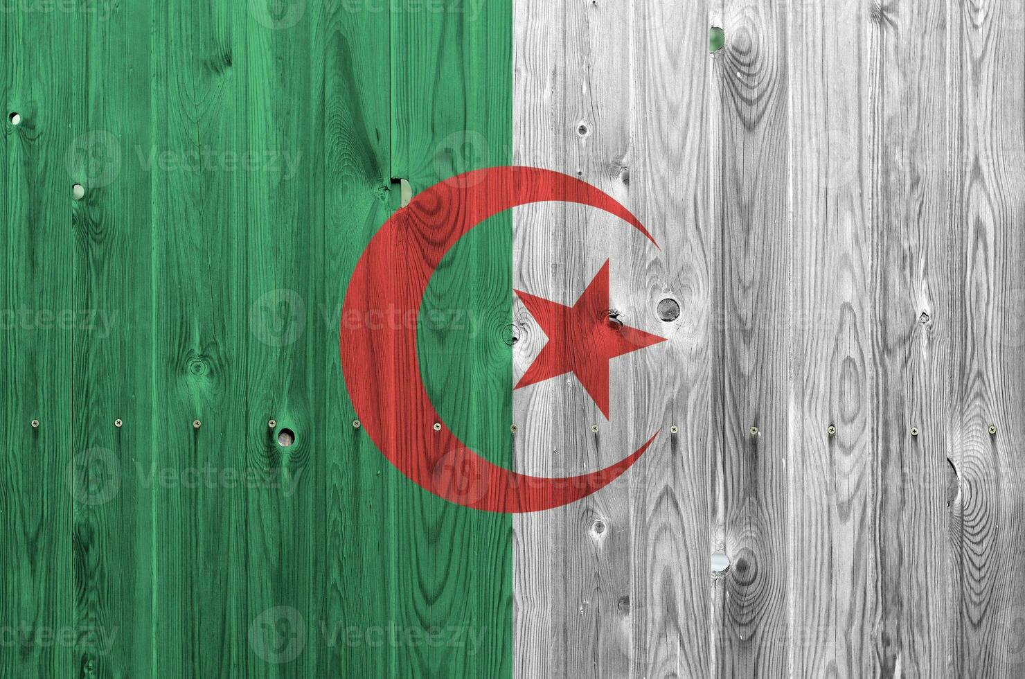 Algerije vlag afgebeeld in helder verf kleuren Aan oud houten muur. getextureerde banier Aan ruw achtergrond foto