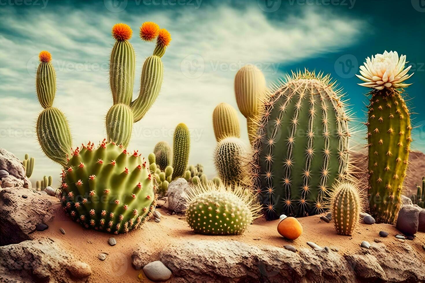 woestijn cactussen cactus bloesem en saguaro's. neurale netwerk ai gegenereerd foto